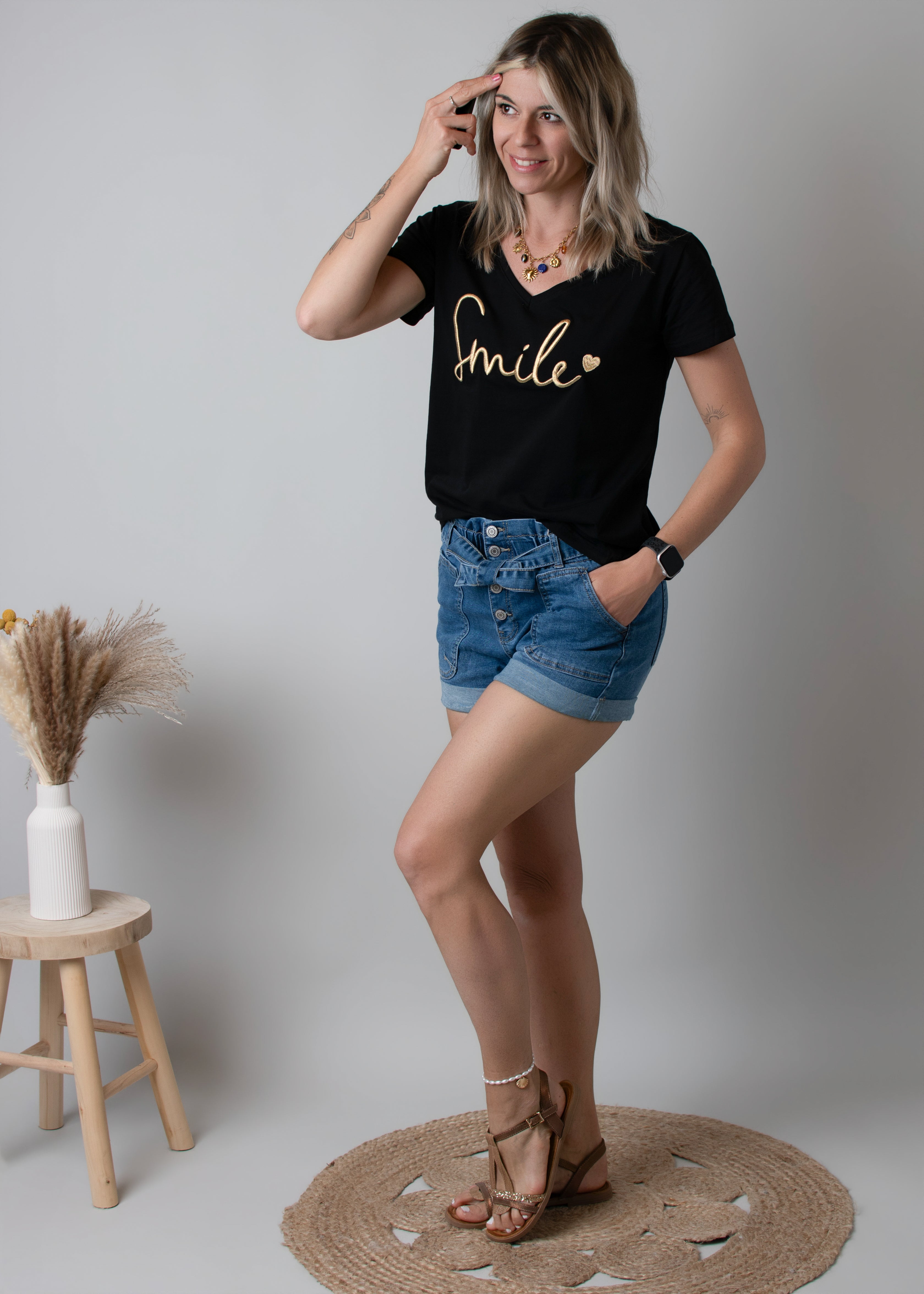 Short en Jean Denim avec Ceinture à Nouer