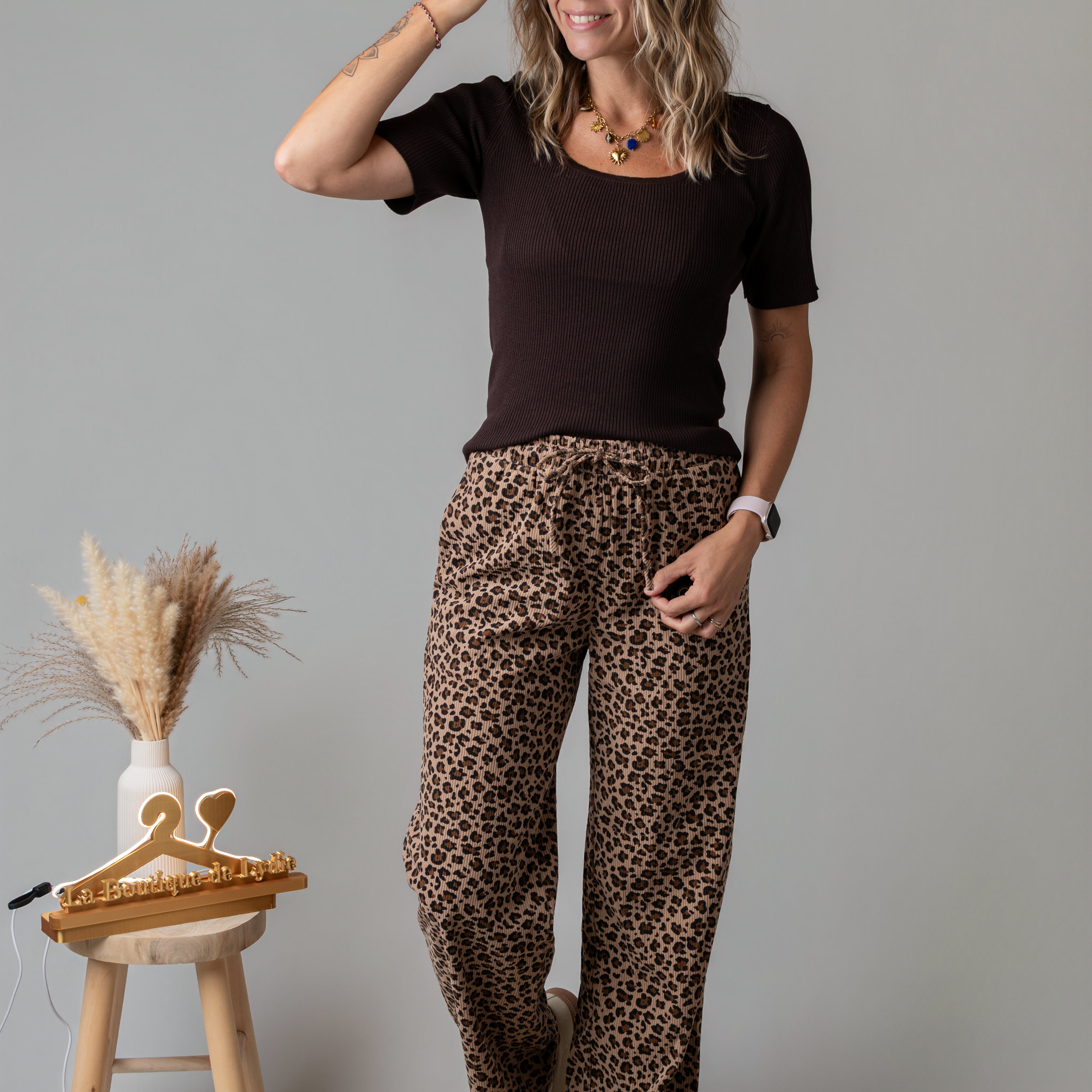 Pantalon fluide velours côtelé léopard