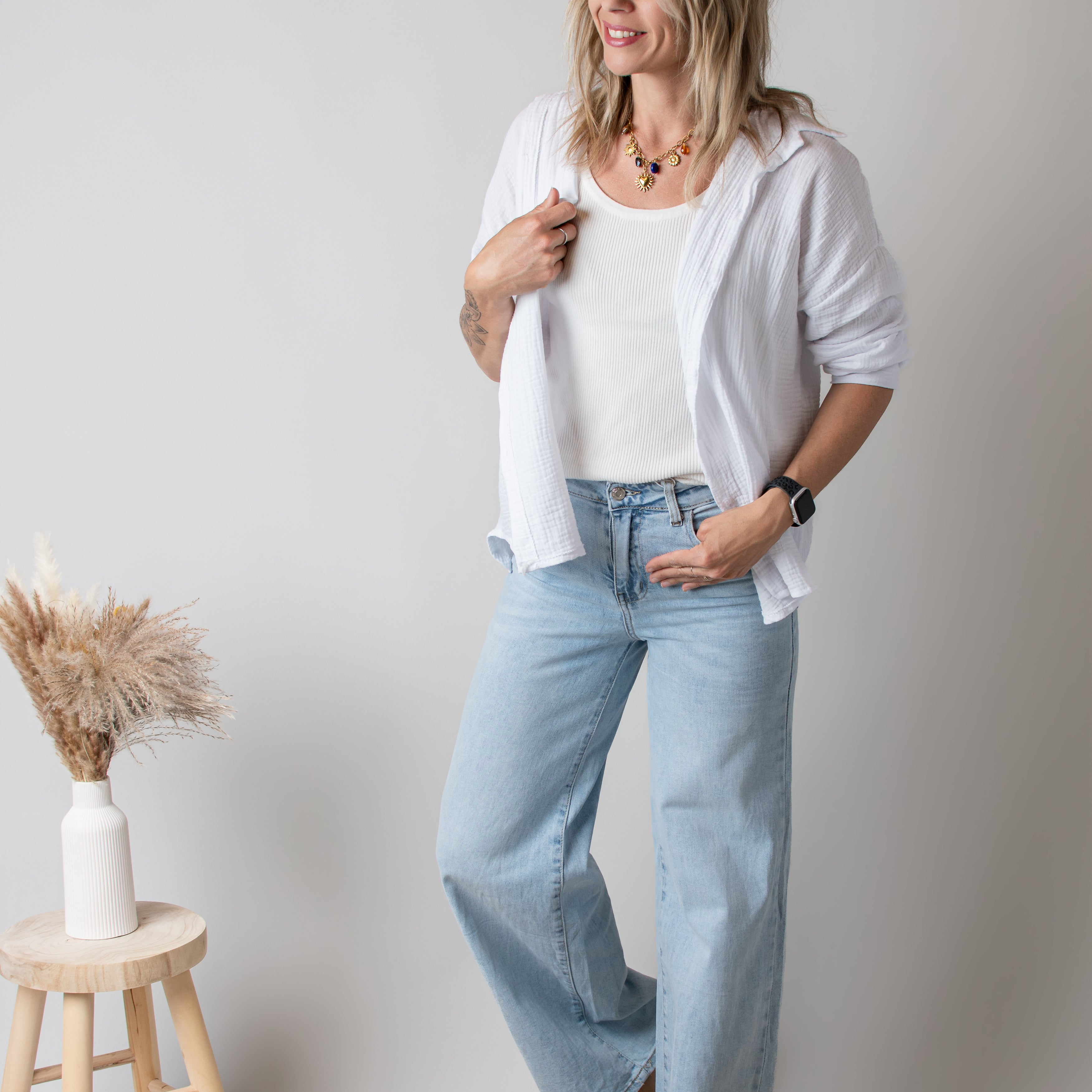 Chemise en Gaze de Coton Blanche floqué leopard