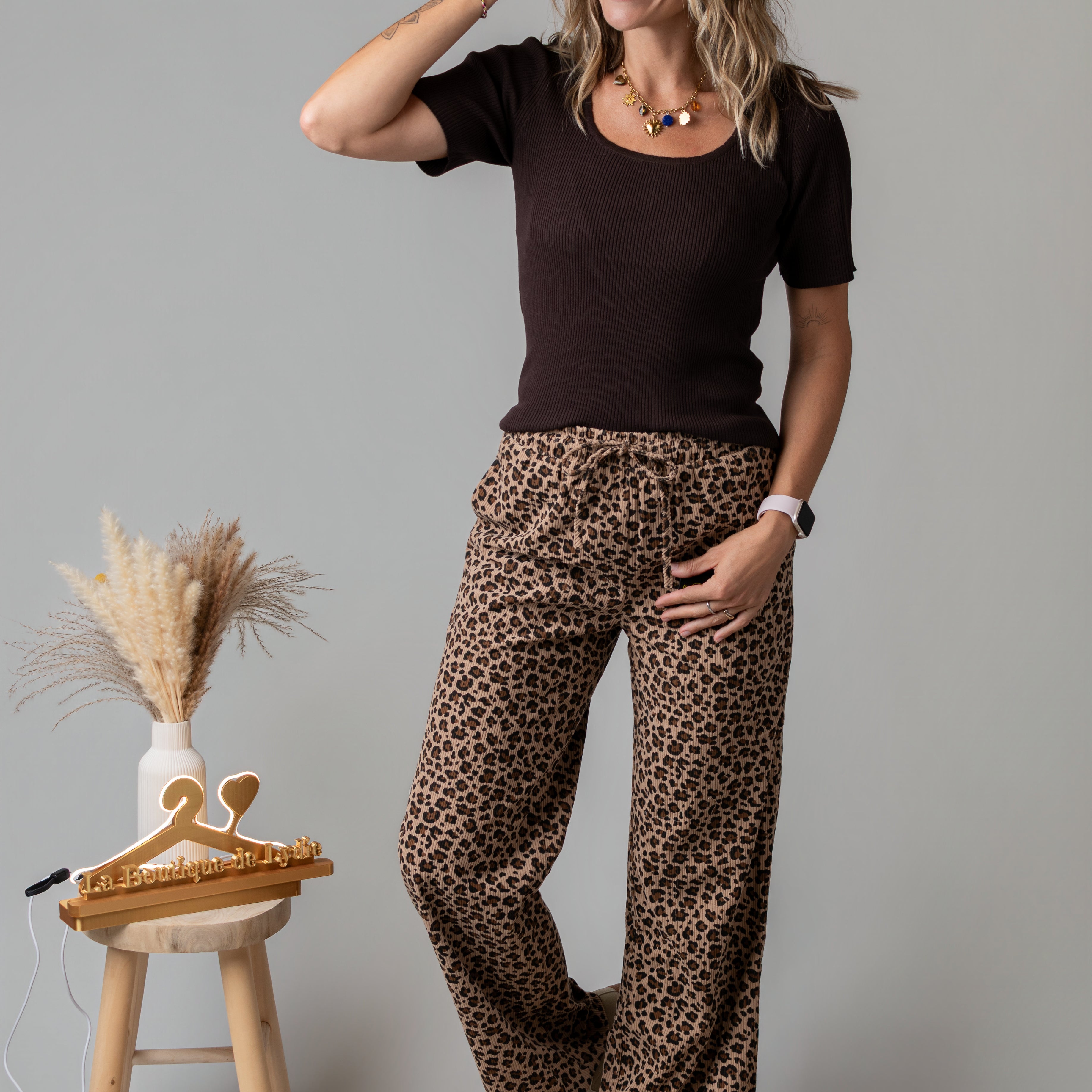 Pantalon fluide velours côtelé léopard