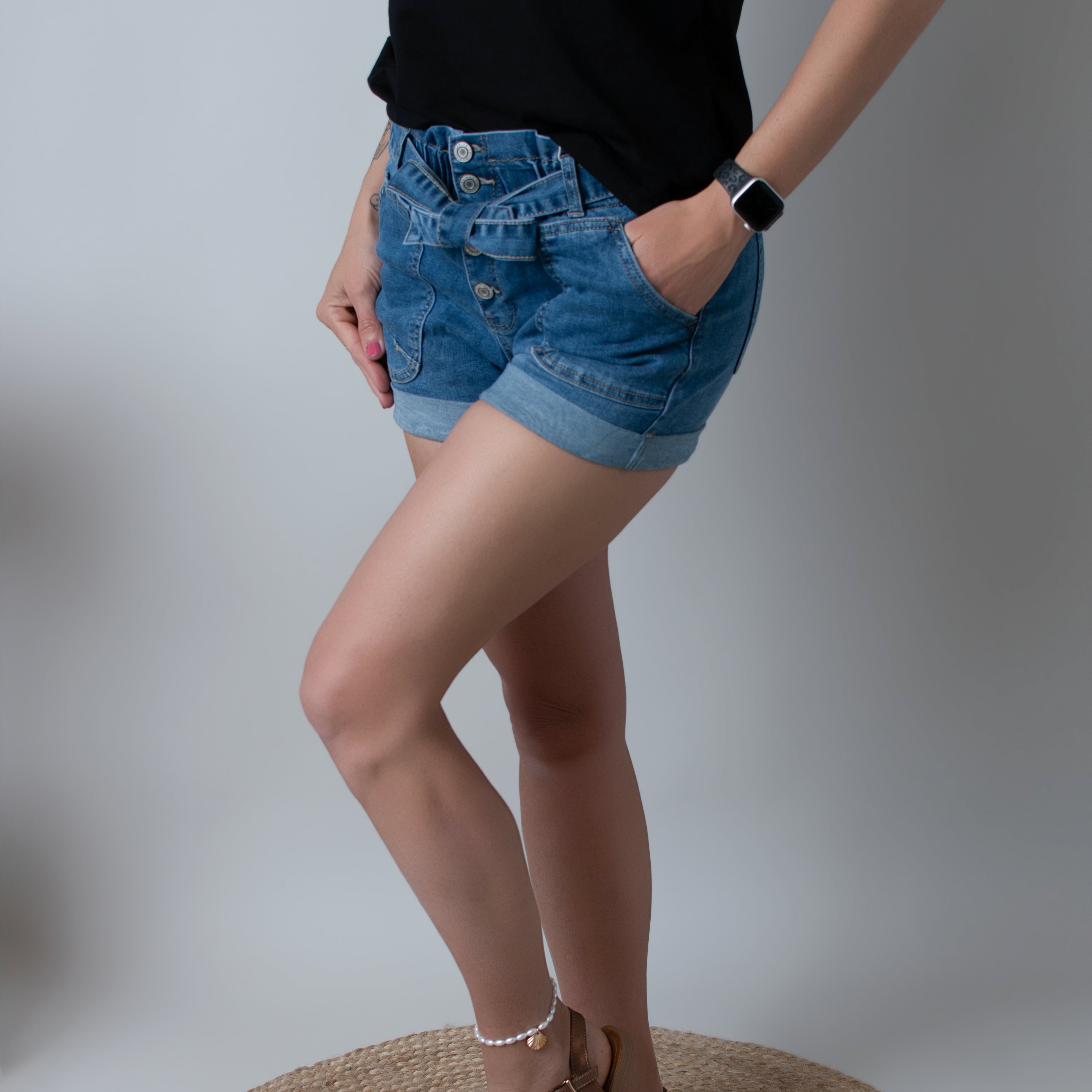 Short en Jean Denim avec Ceinture à Nouer