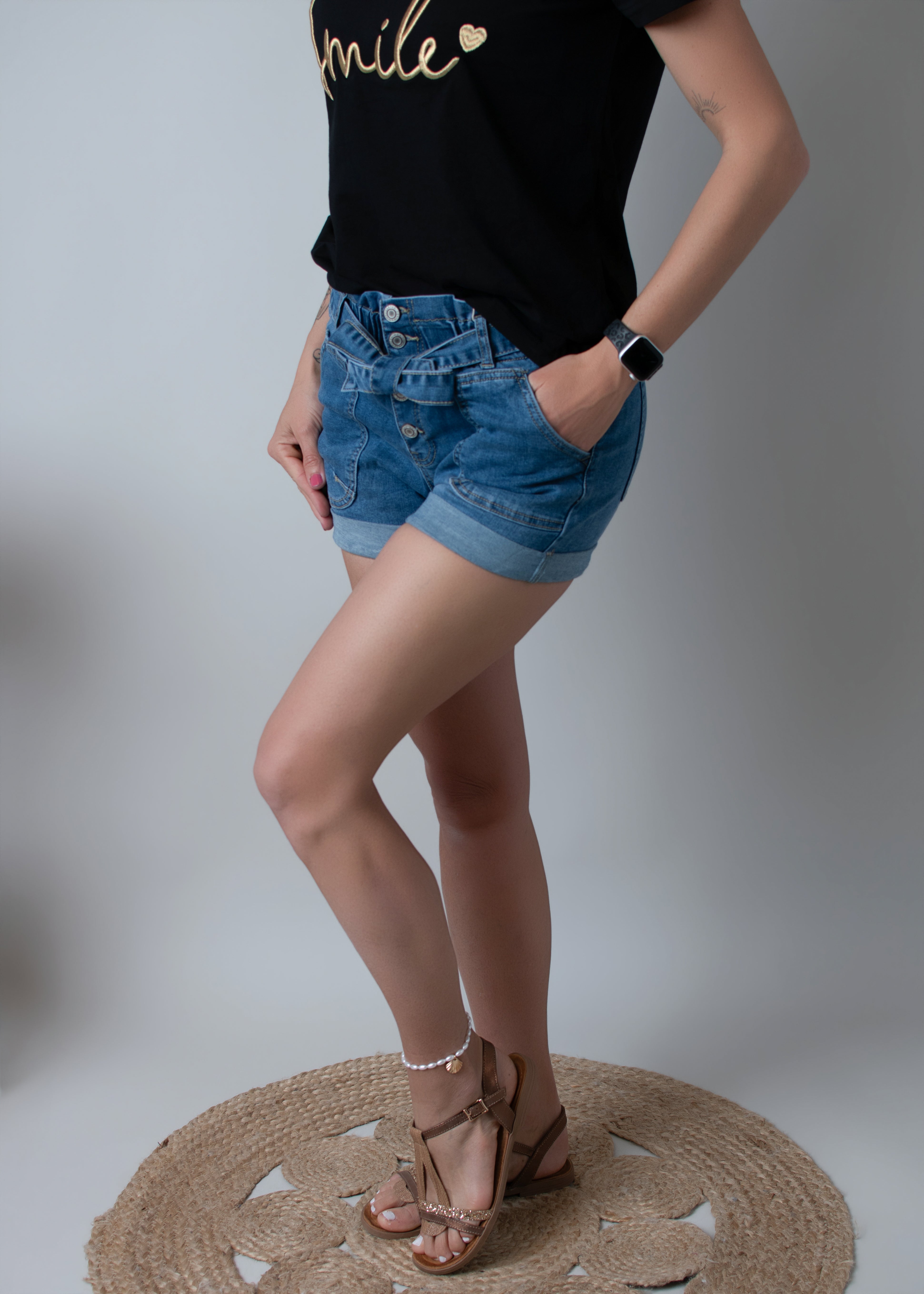 Short en Jean Denim avec Ceinture à Nouer