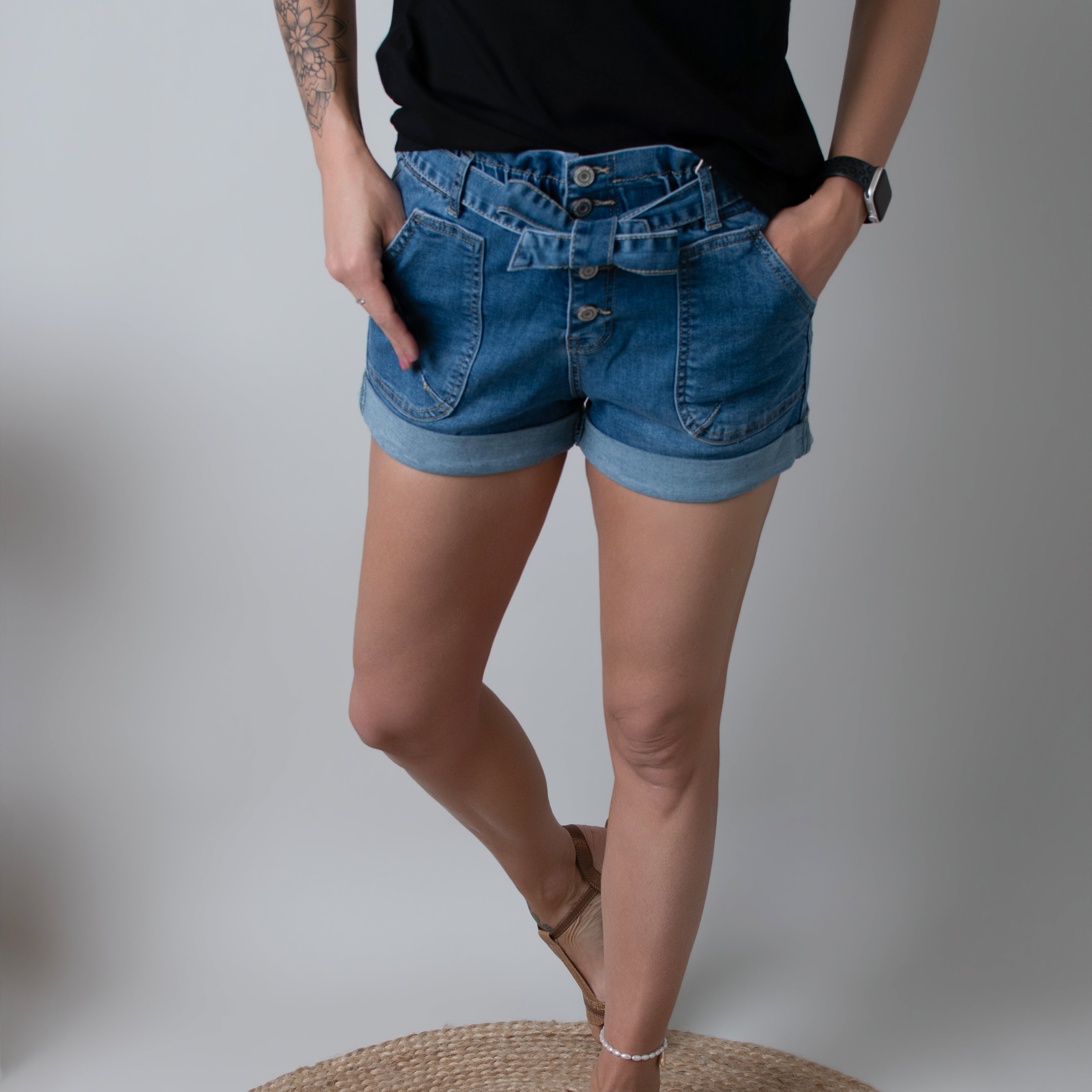 Short en Jean Denim avec Ceinture à Nouer