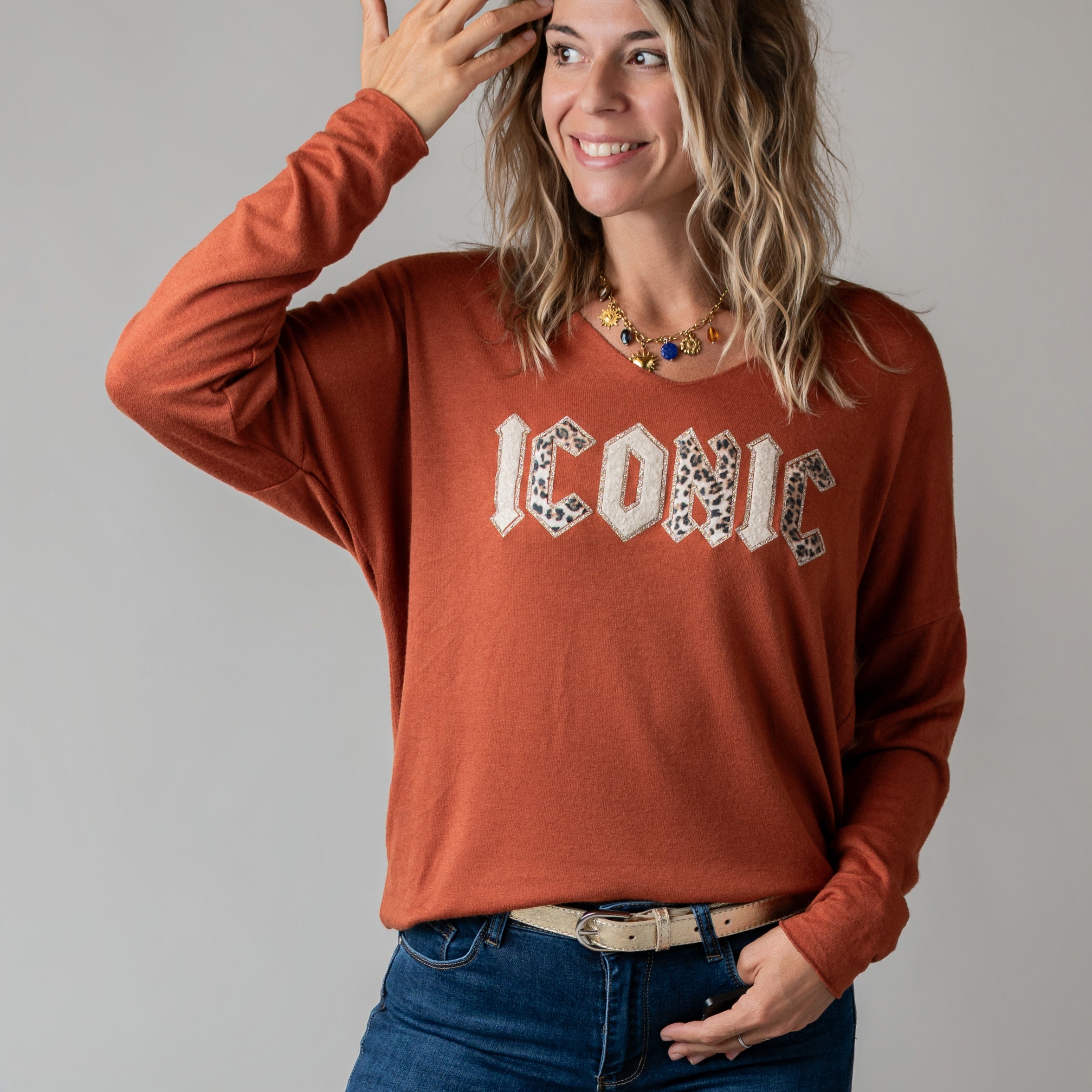 Pull fin col V terracotta Iconic la boutique de lydie