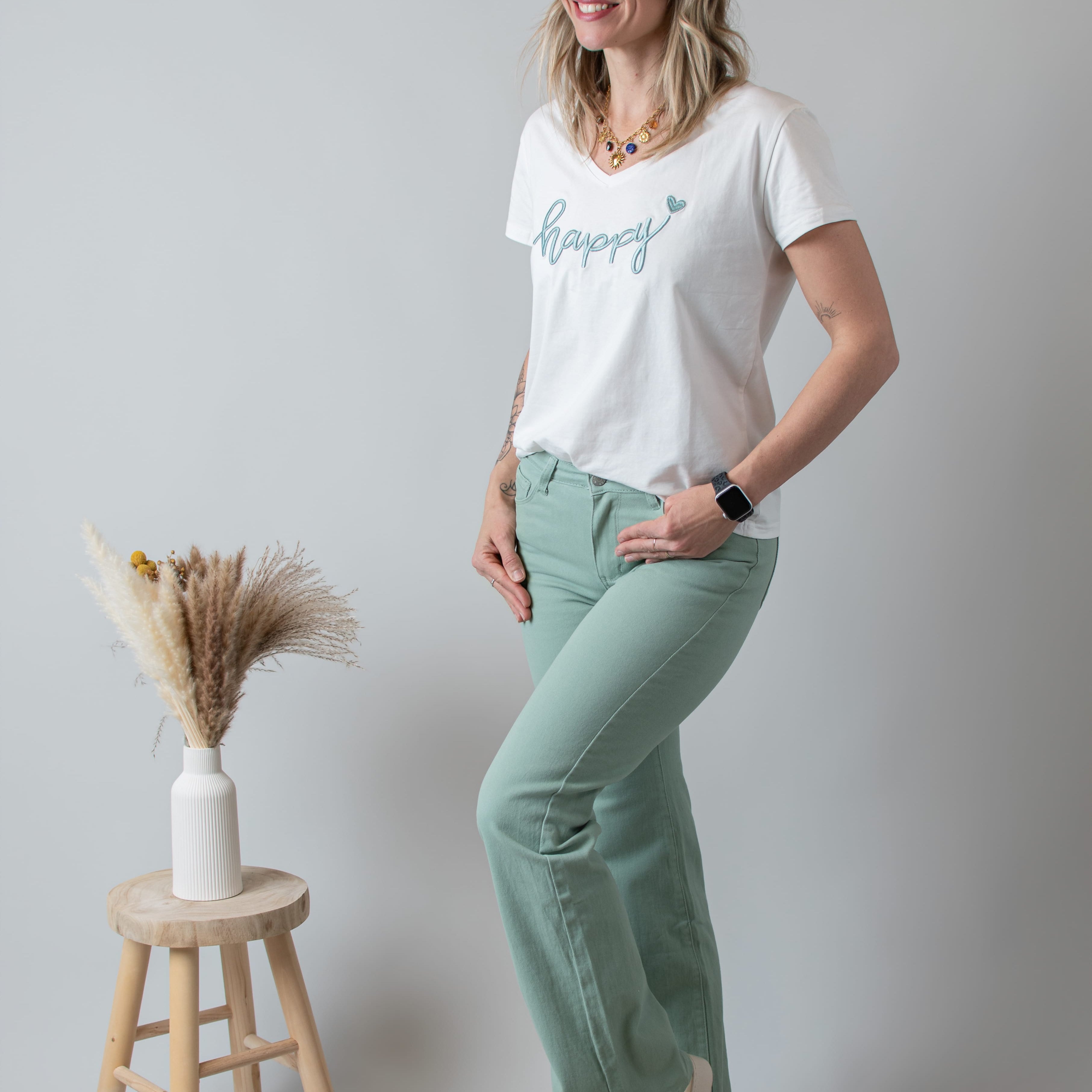 Pantalon flare vert sauge femme