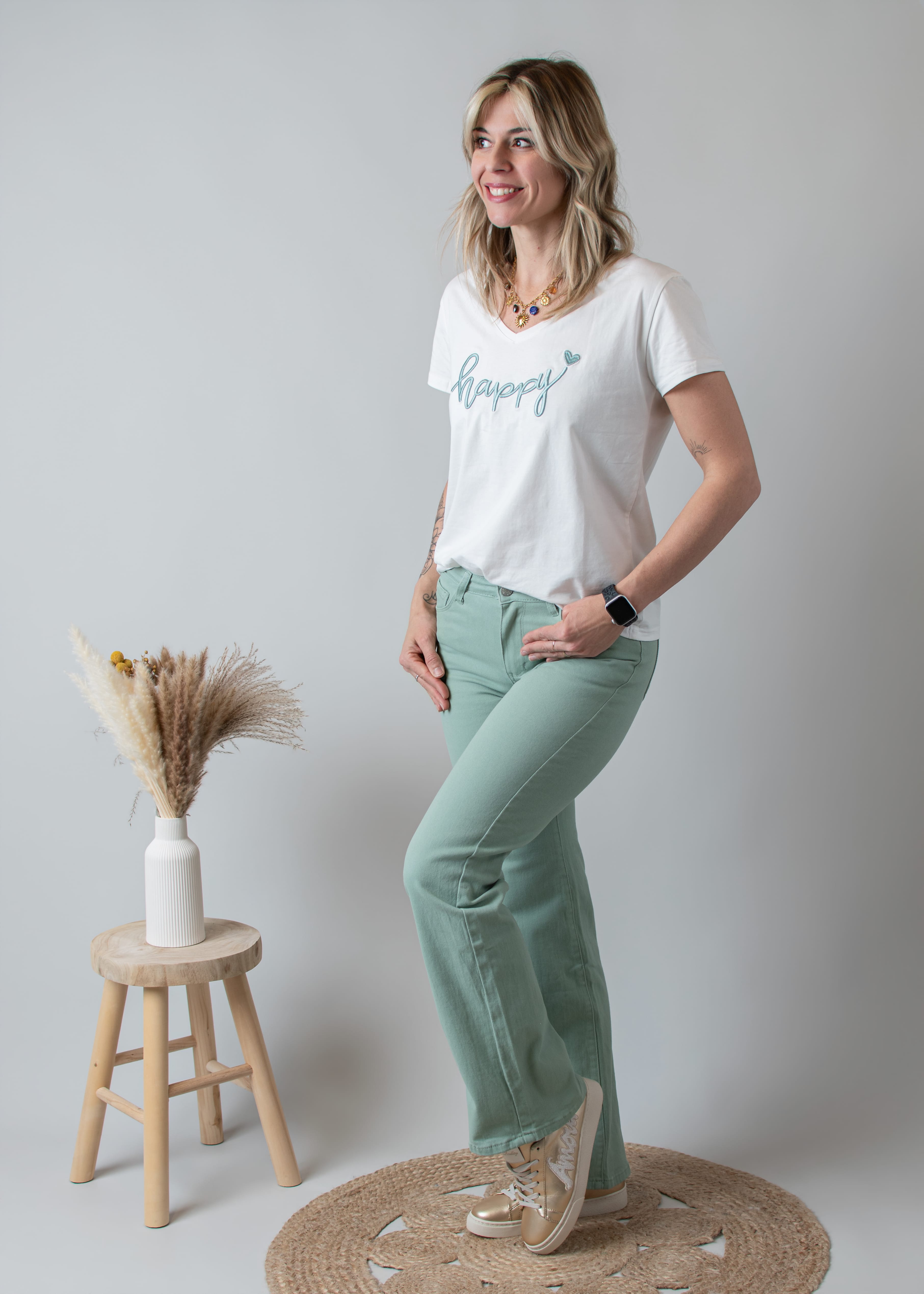 Pantalon flare vert sauge femme