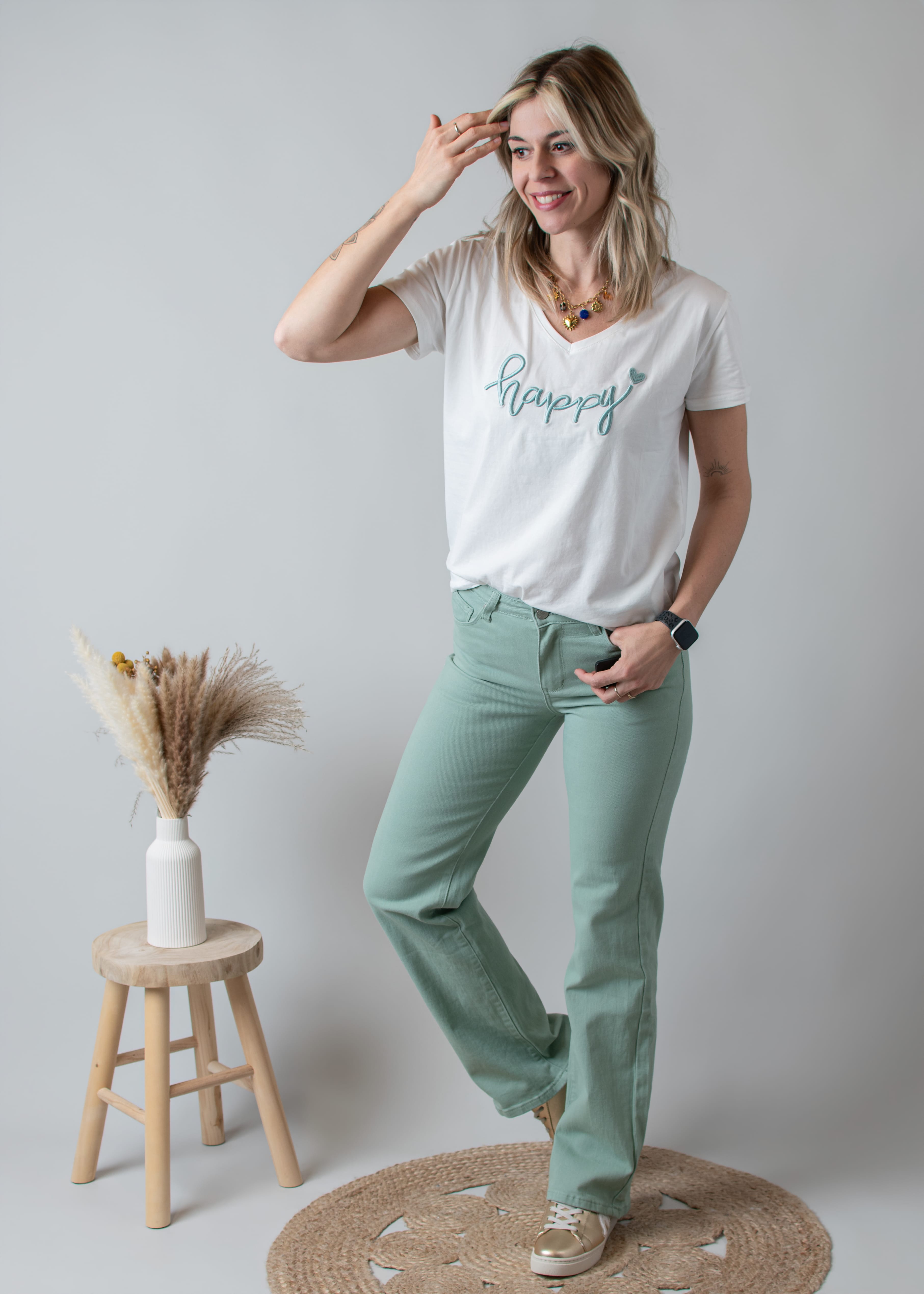 Pantalon flare vert sauge femme