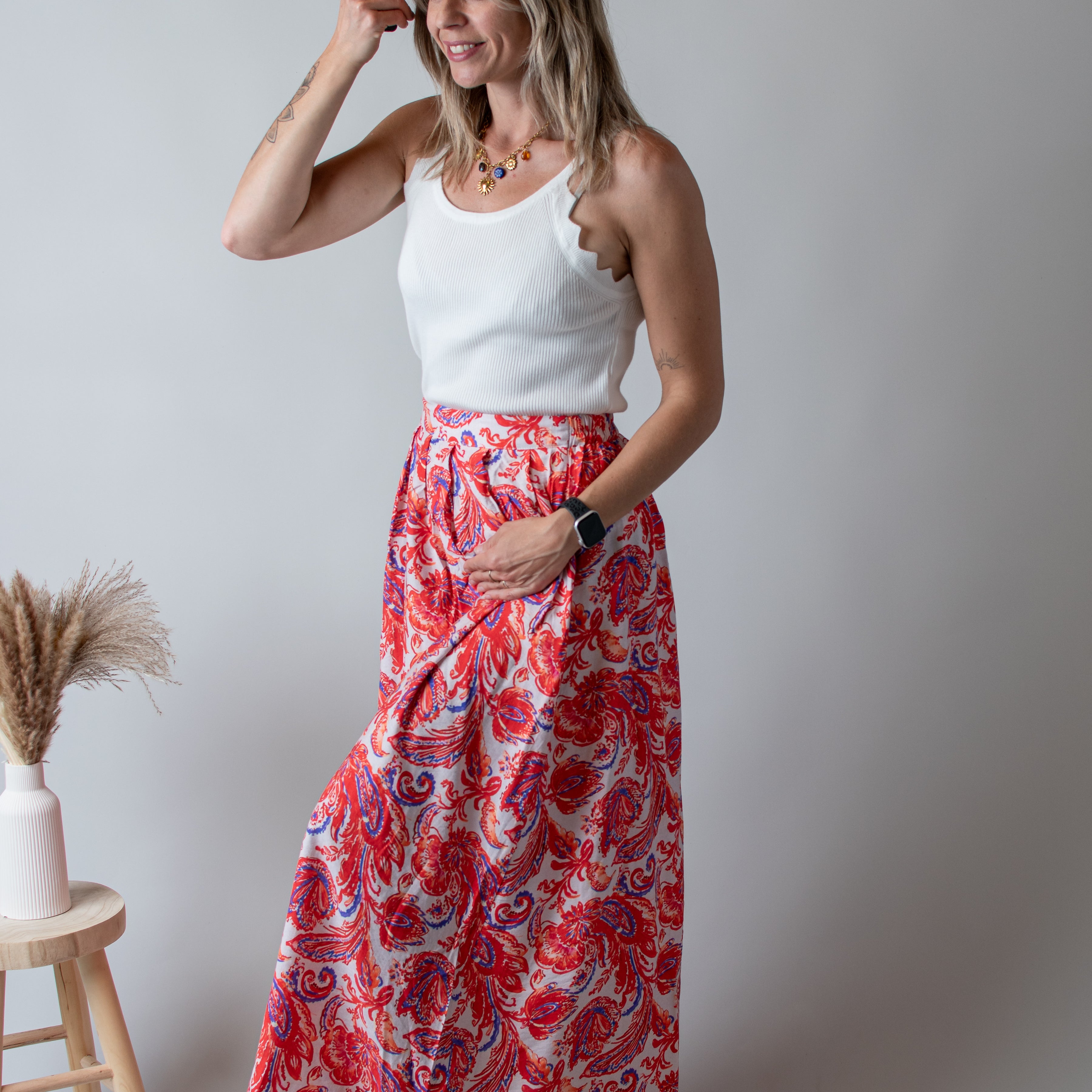 Jupe, longue fleurie orange la boutique de Lydie