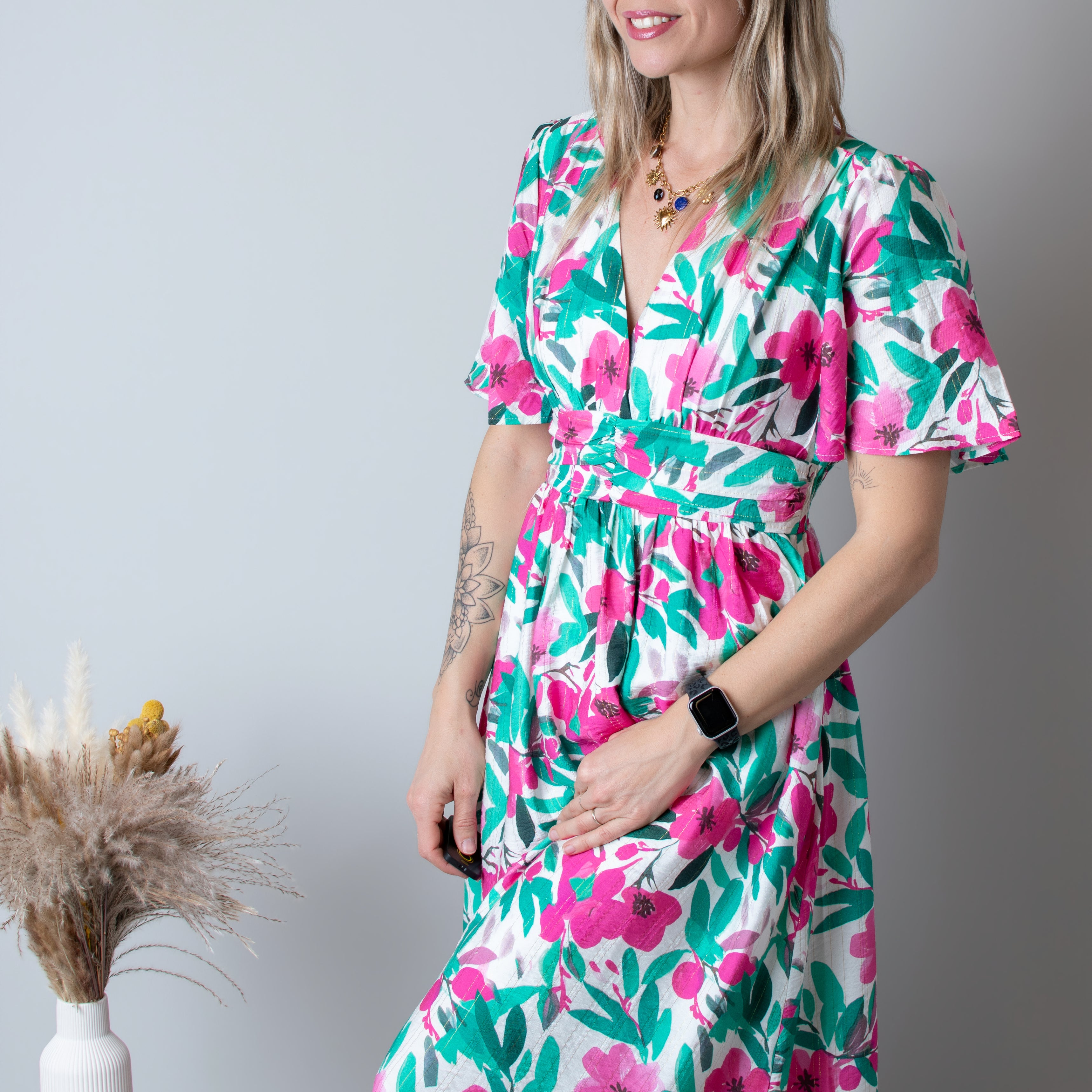 Robe Longue Fleurie - Vert Rose