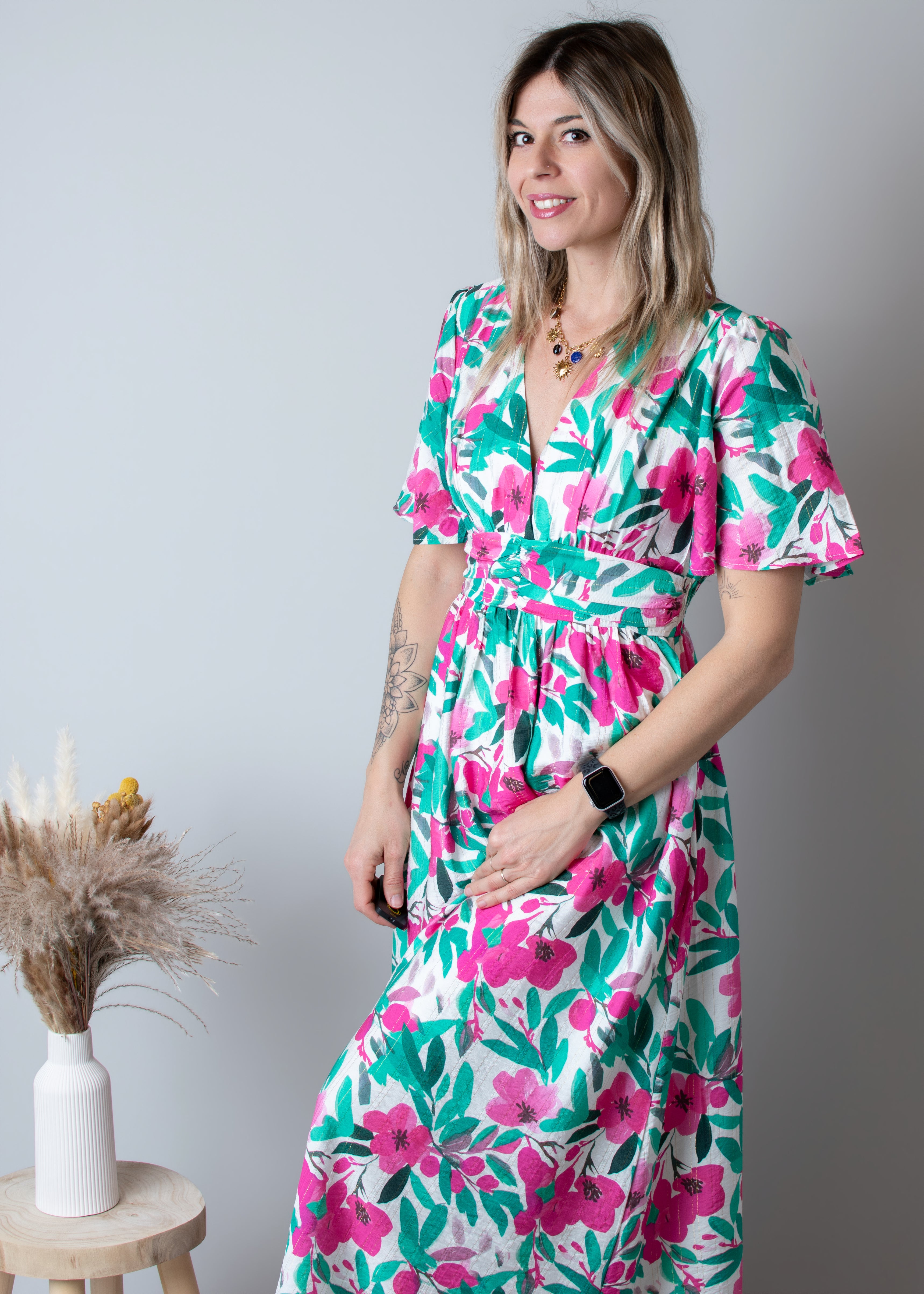 Robe Longue Fleurie - Vert Rose