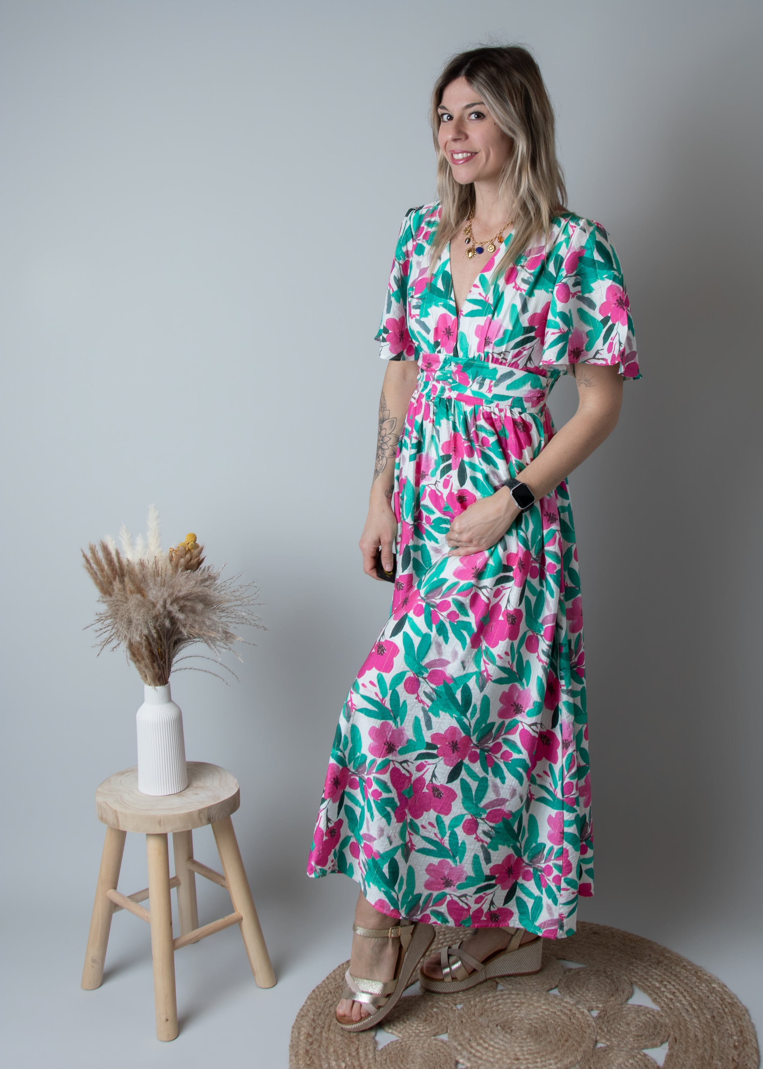 Robe Longue Fleurie - Vert Rose