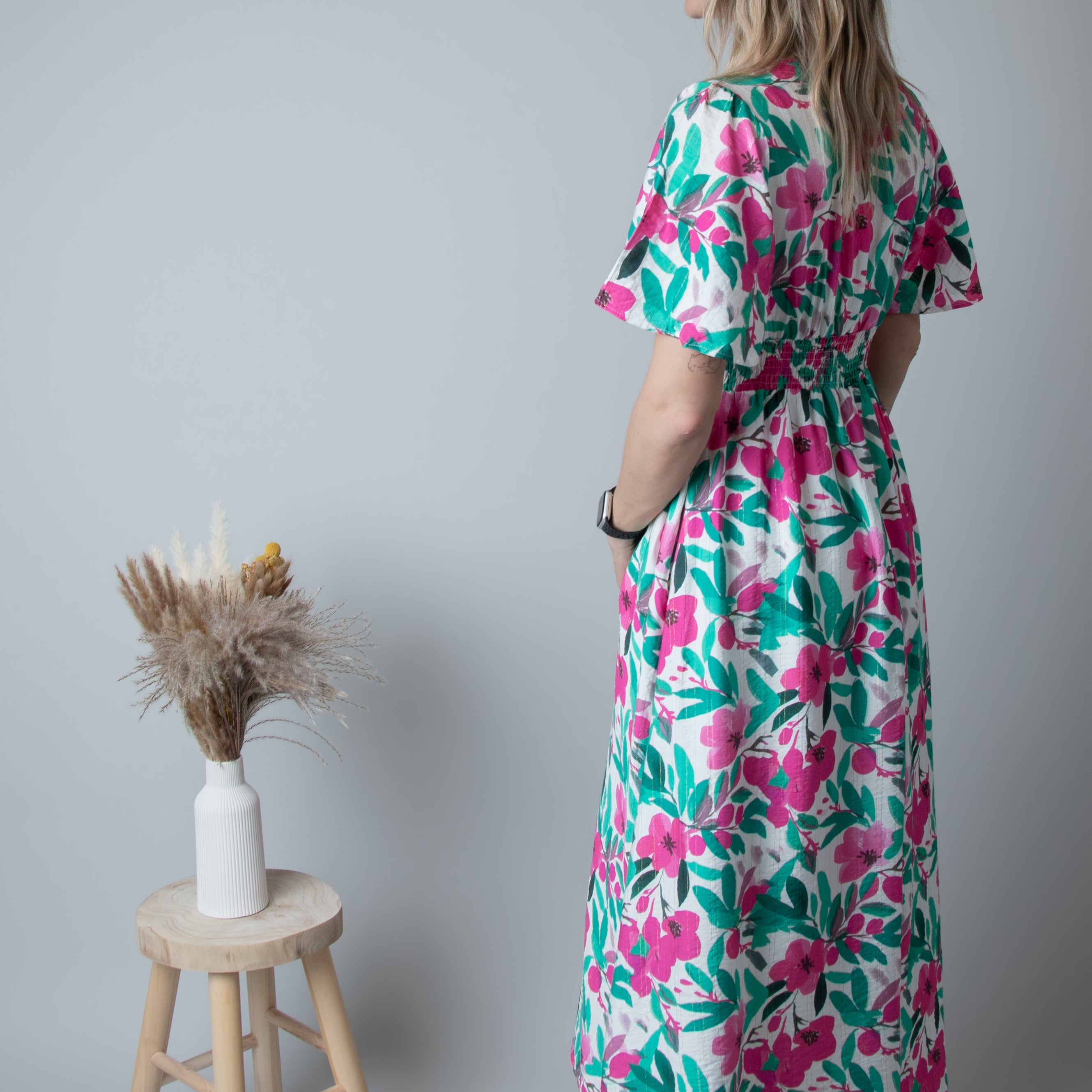Robe Longue Fleurie - Vert Rose