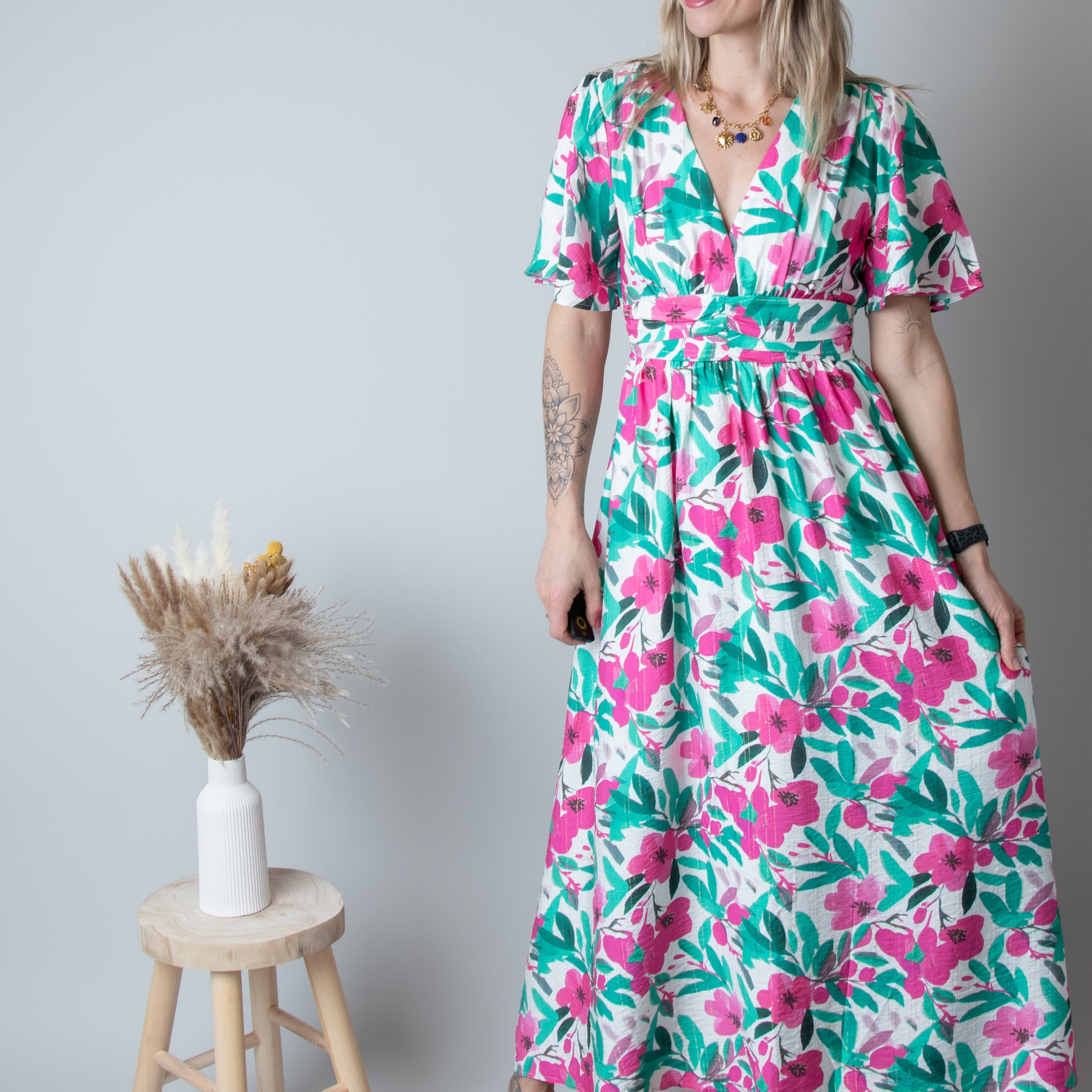 Robe Longue Fleurie - Vert Rose