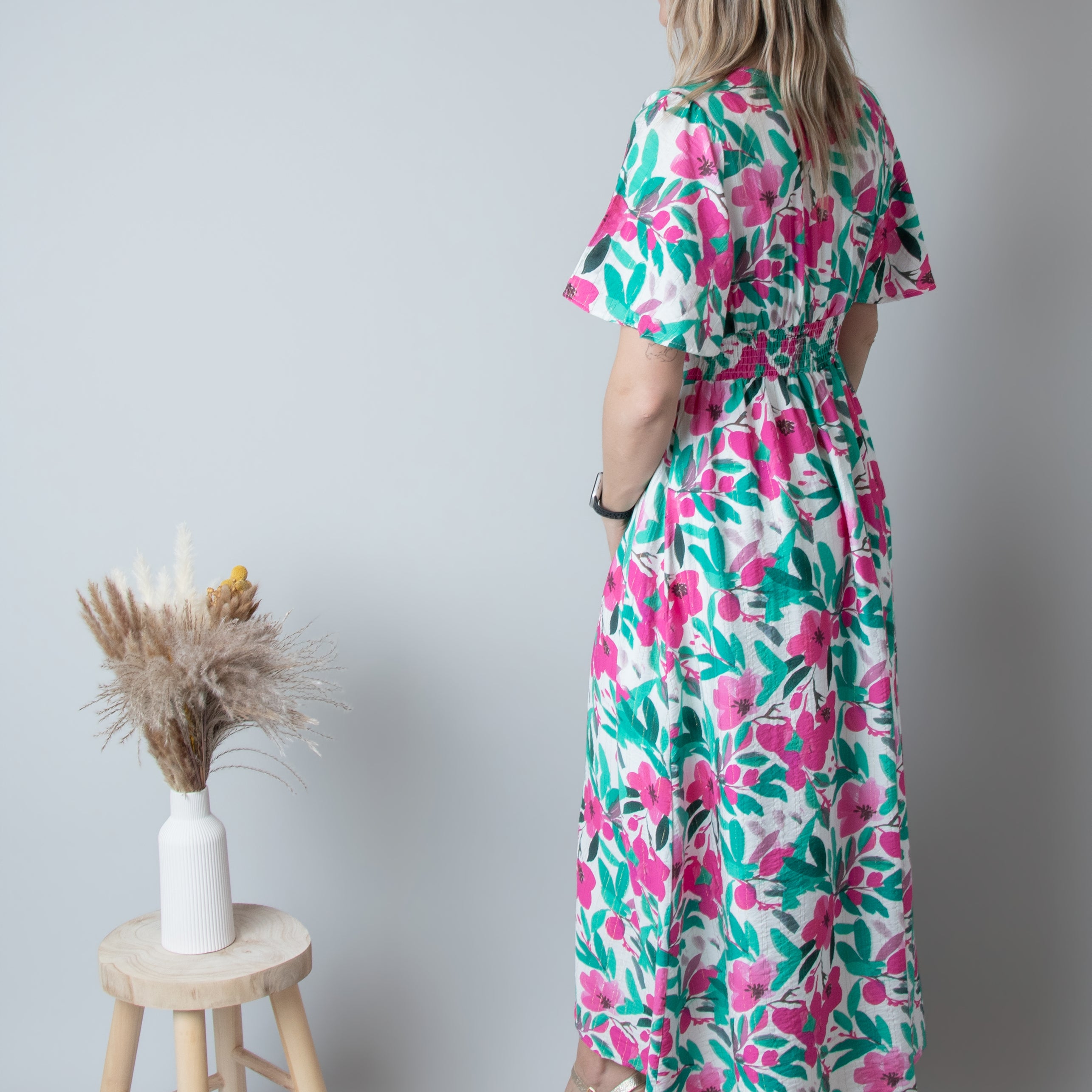 Robe Longue Fleurie - Vert Rose