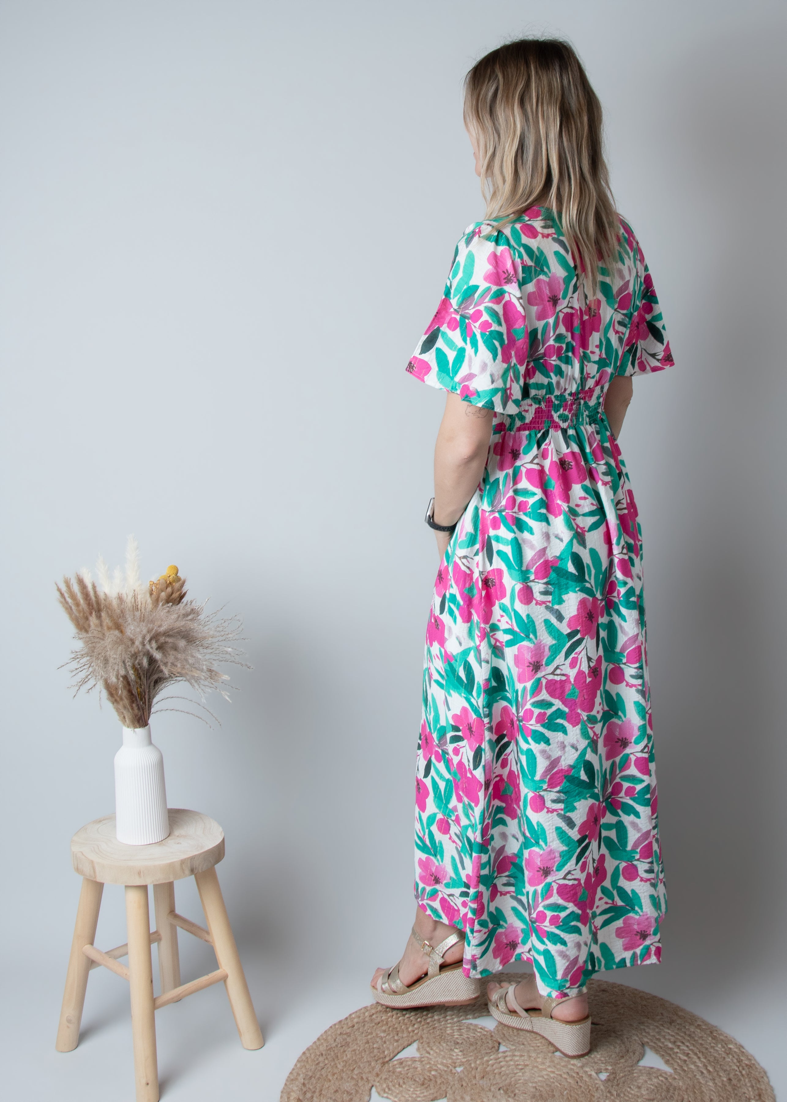 Robe Longue Fleurie - Vert Rose