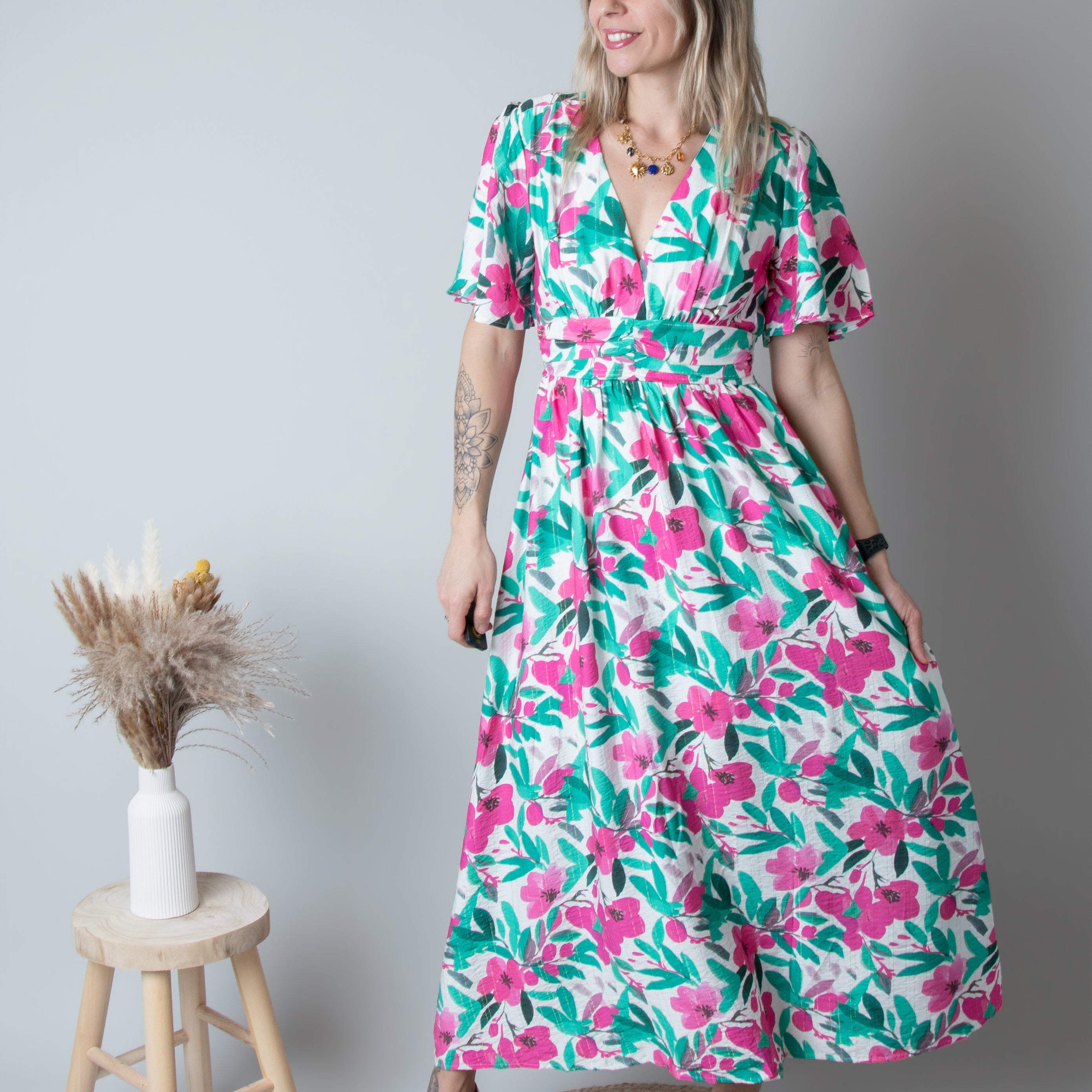 Robe Longue Fleurie - Vert Rose