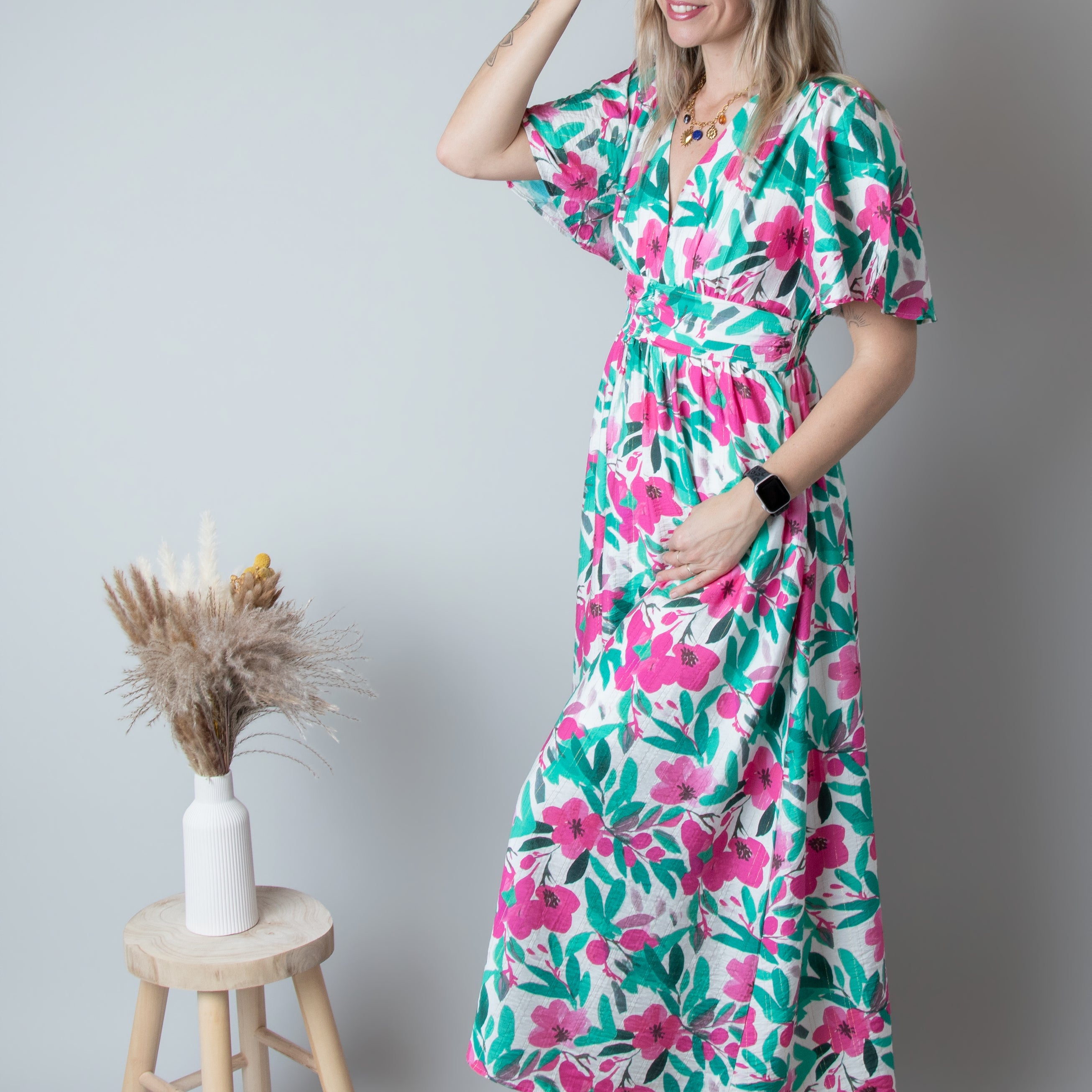 Robe Longue Fleurie - Vert Rose la boutique de lydie