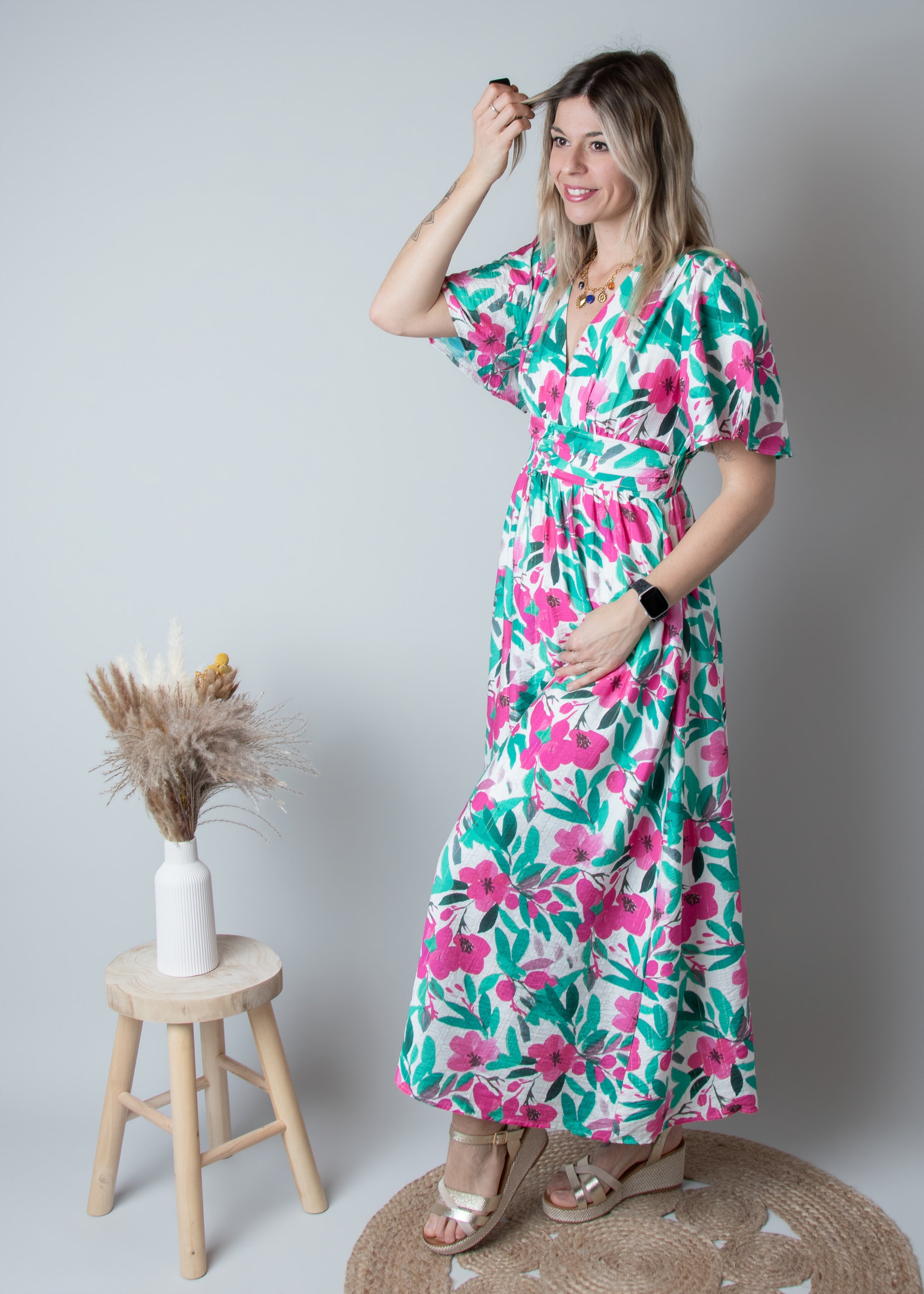 Robe Longue Fleurie - Vert Rose la boutique de lydie