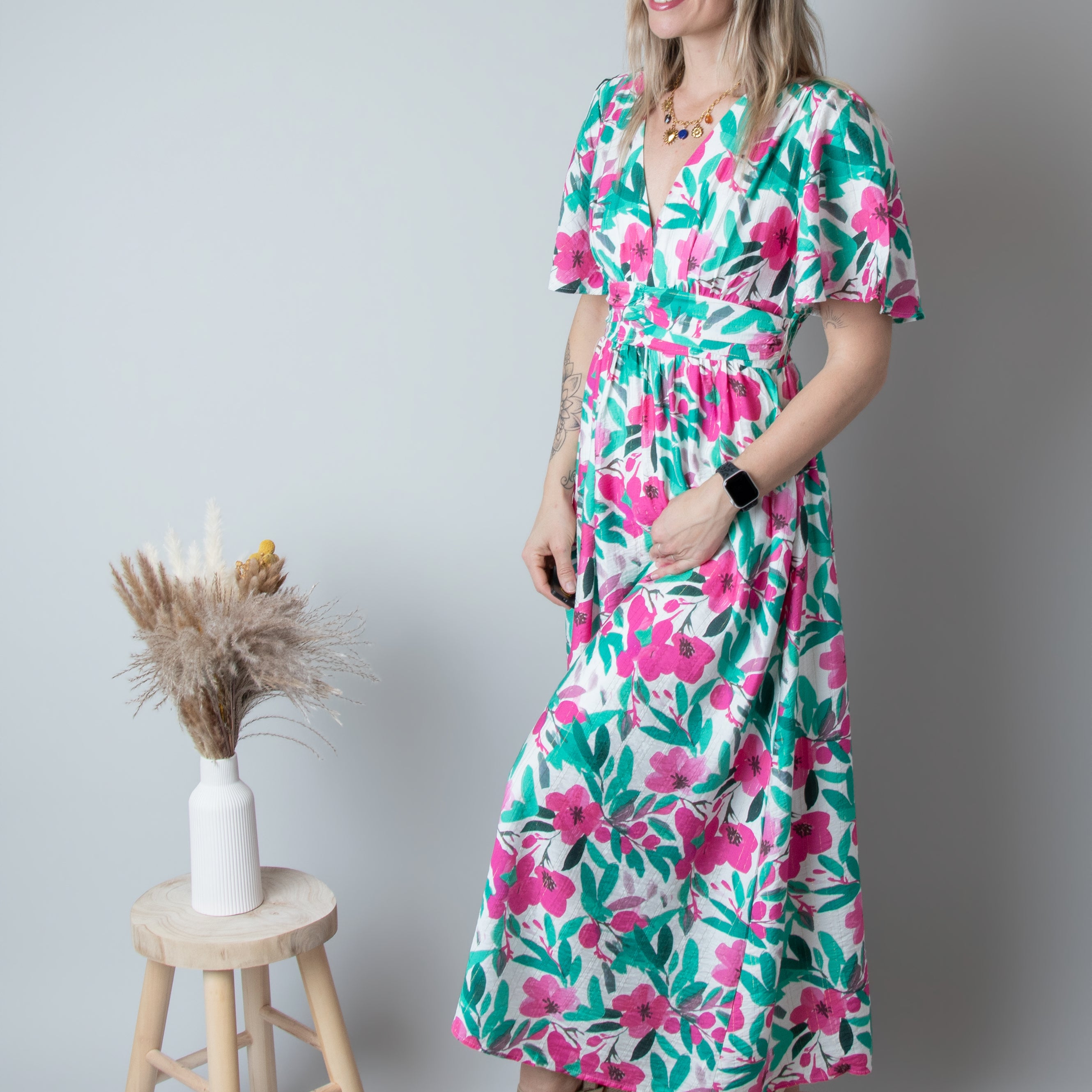 Robe Longue Fleurie - Vert Rose