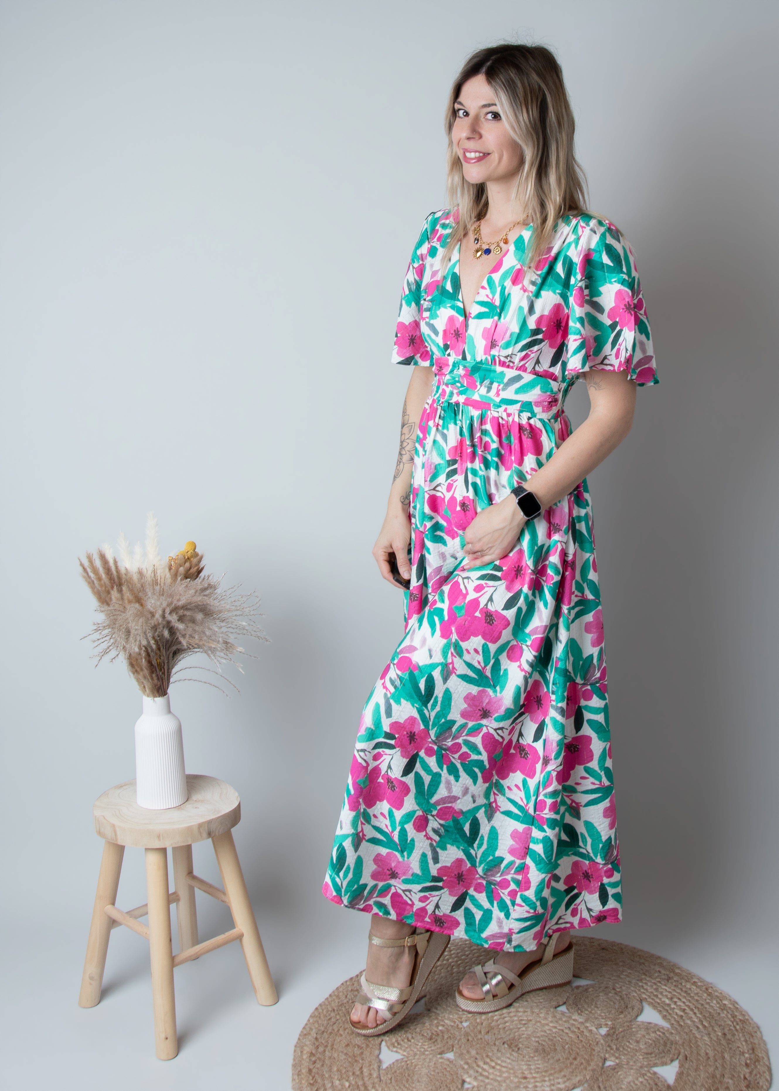 Robe Longue Fleurie - Vert Rose