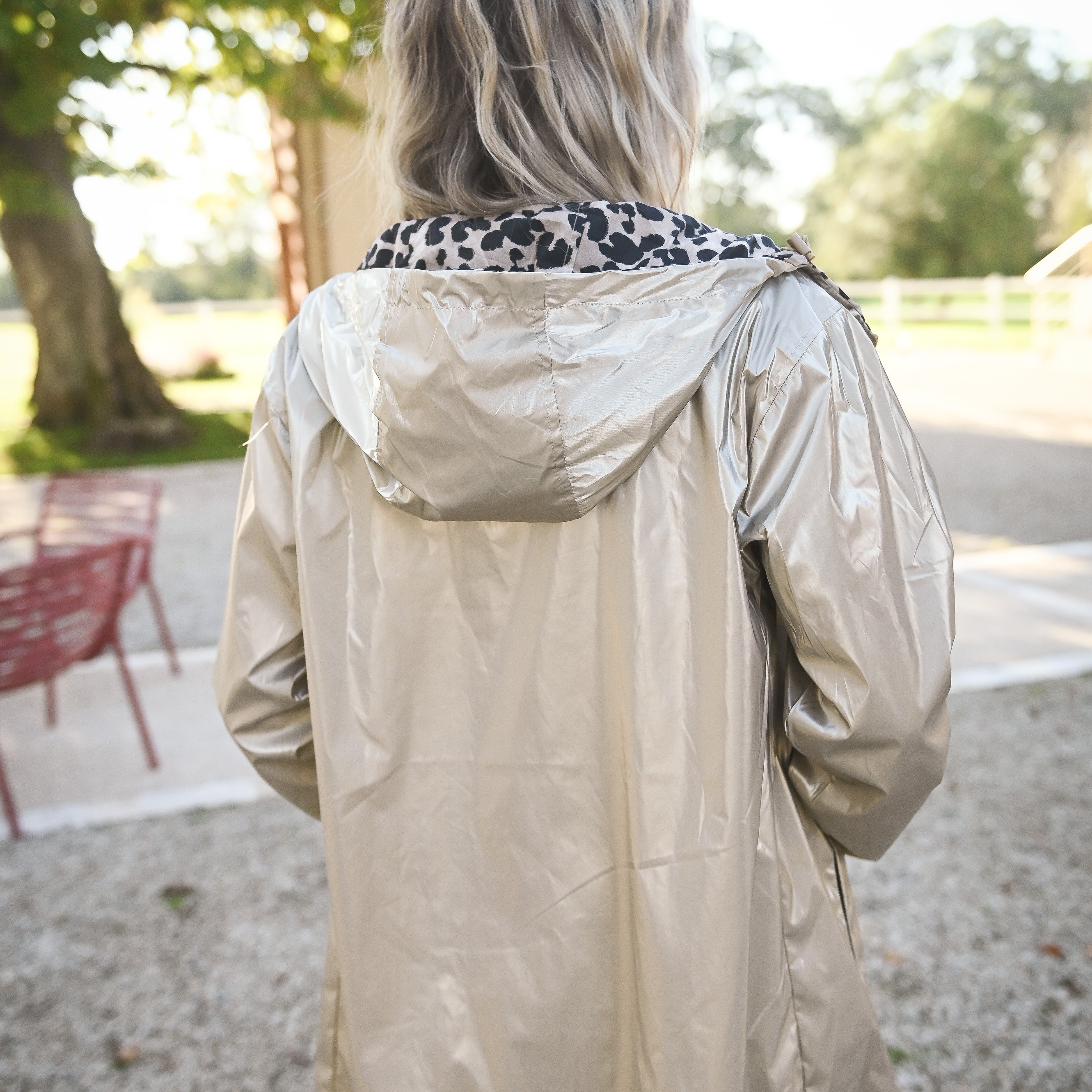 Parka léopard imperméable mi longue réversible or