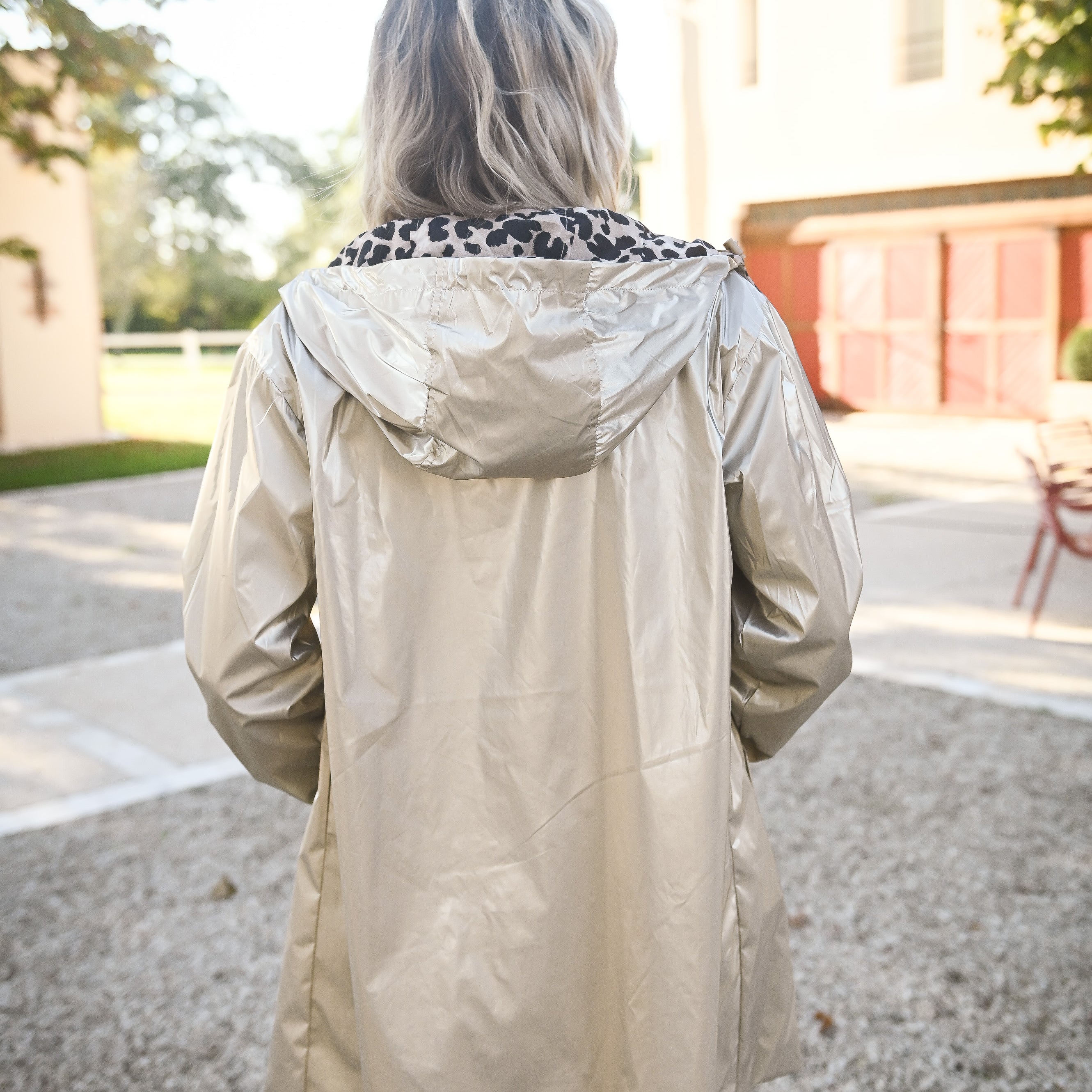 Parka léopard imperméable mi longue réversible or