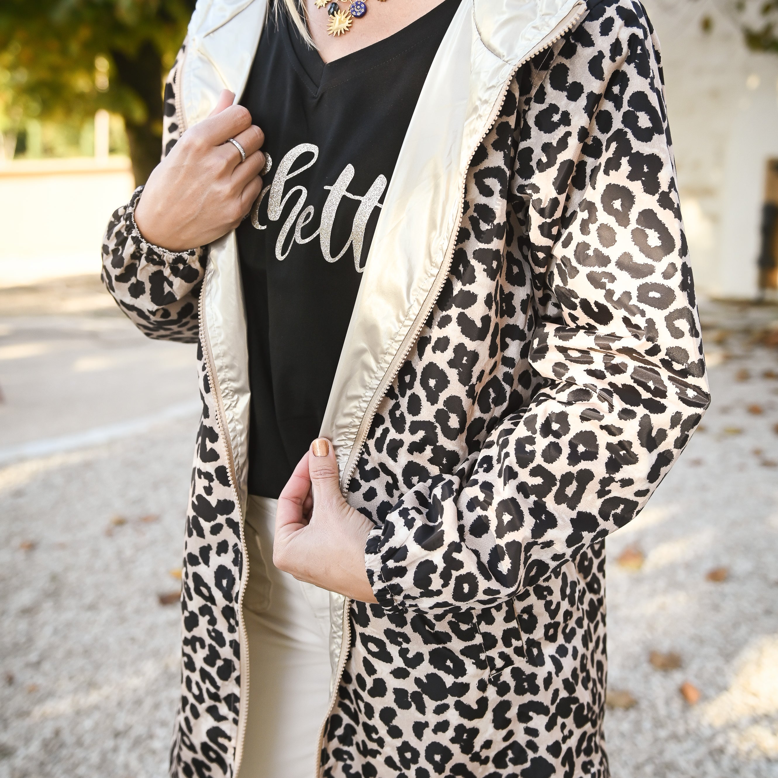 Parka léopard imperméable mi longue réversible or