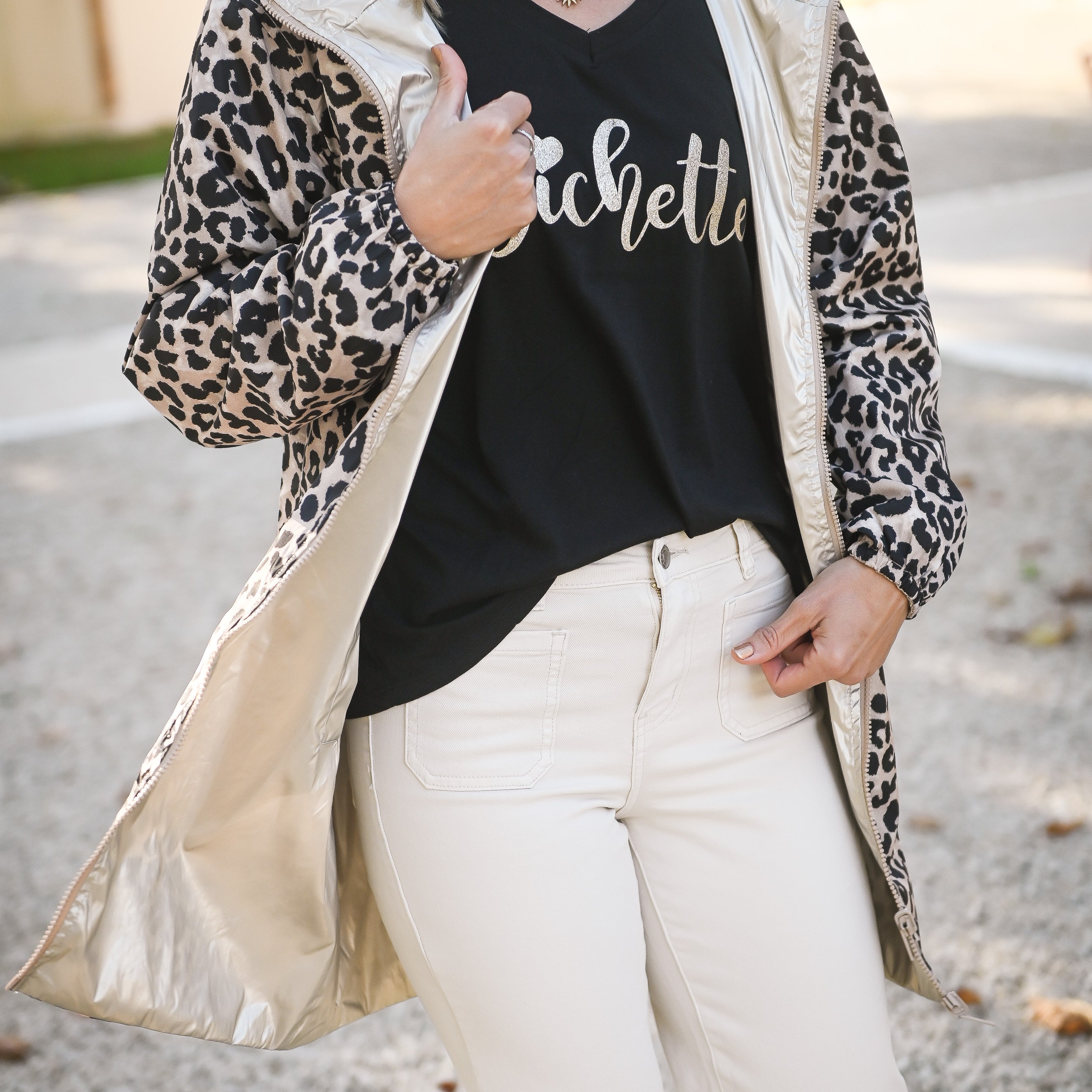 Parka léopard imperméable mi longue réversible or