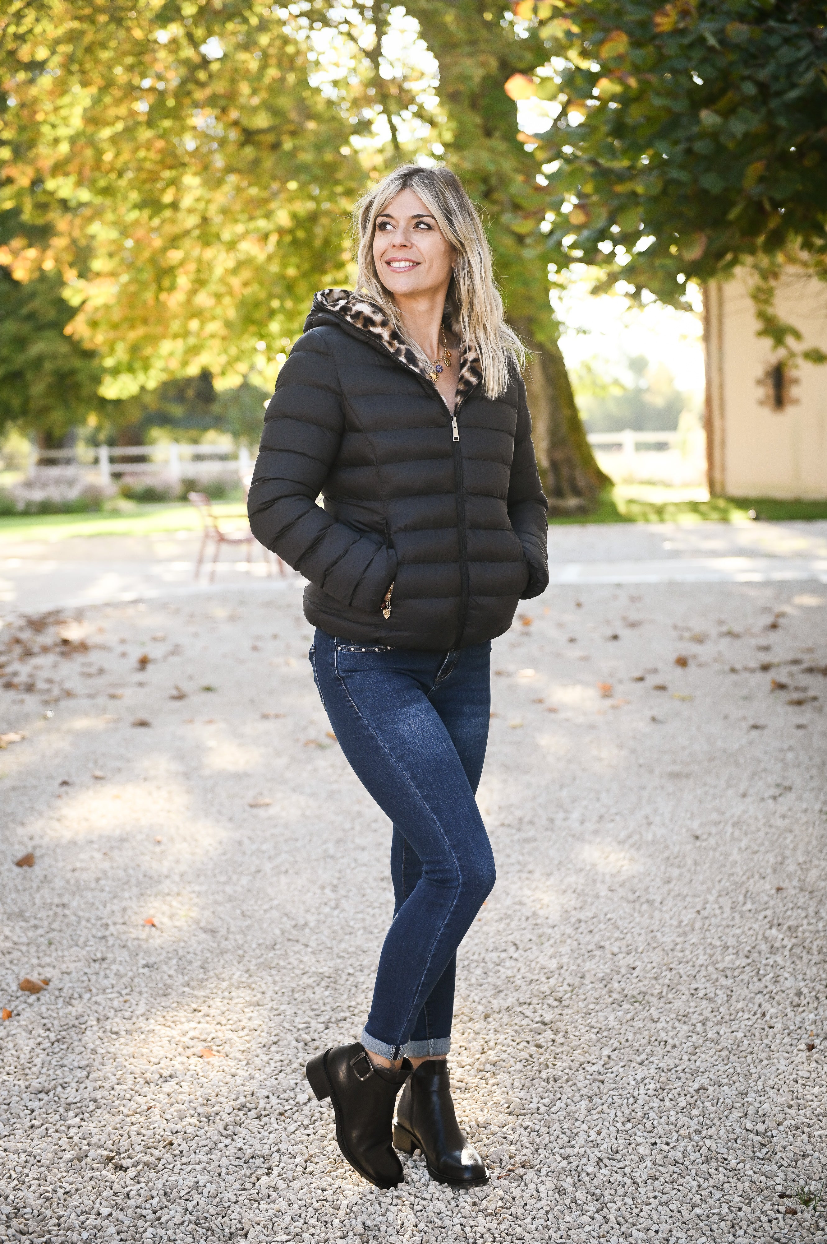 Doudoune réversible noir intérieur fourrure léopard