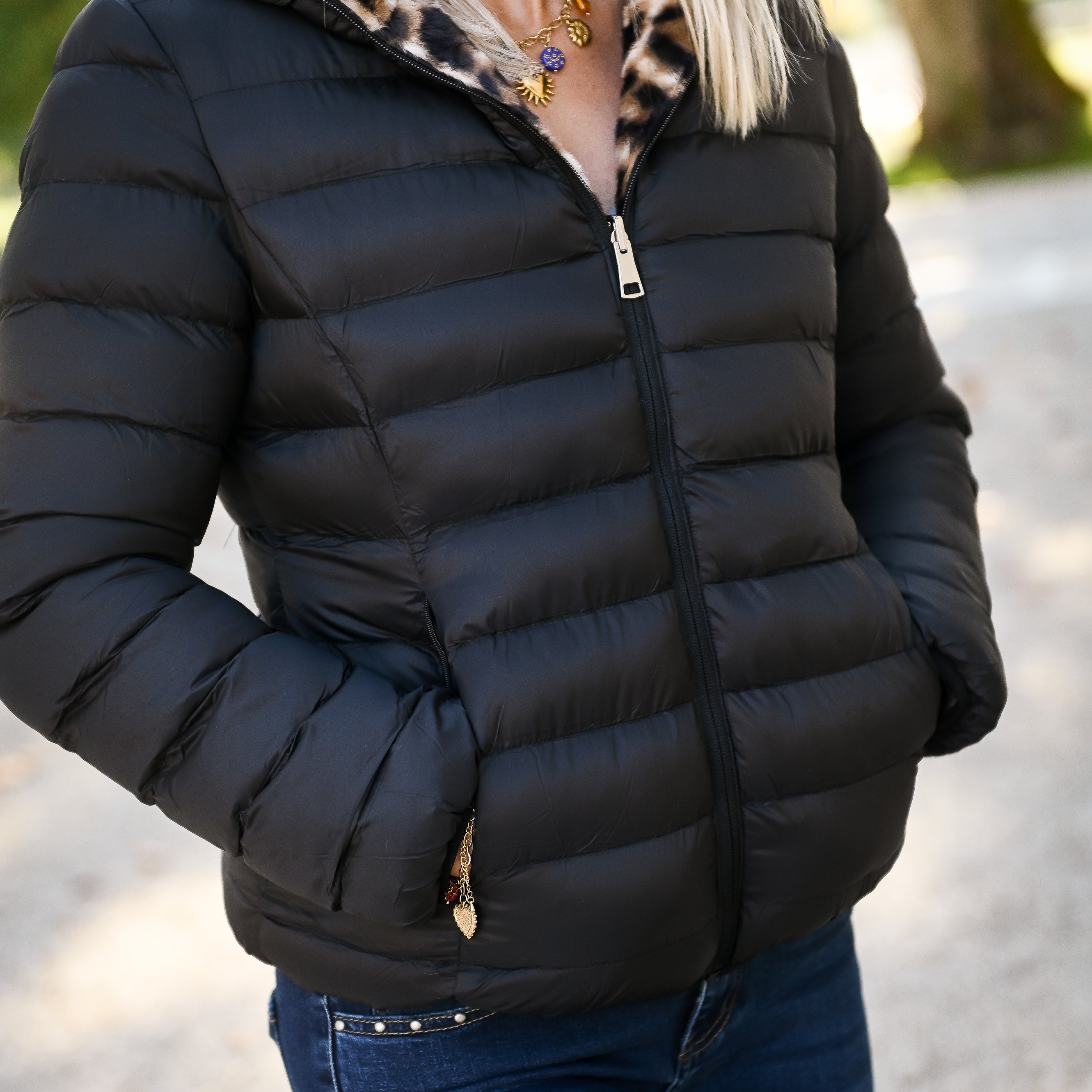 Doudoune réversible noir intérieur fourrure léopard la boutique de lydie