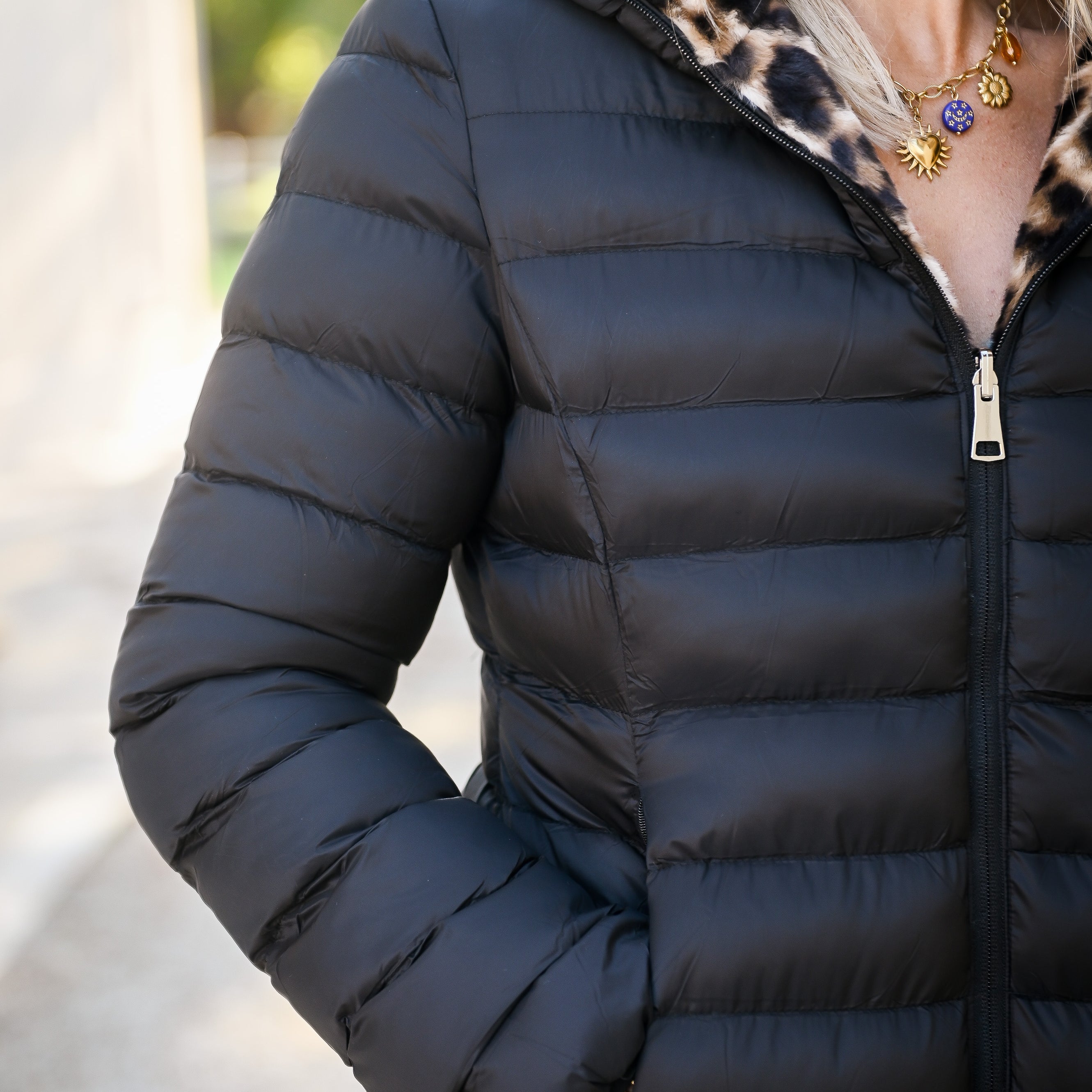 Doudoune réversible noir intérieur fourrure léopard la boutique de lydie