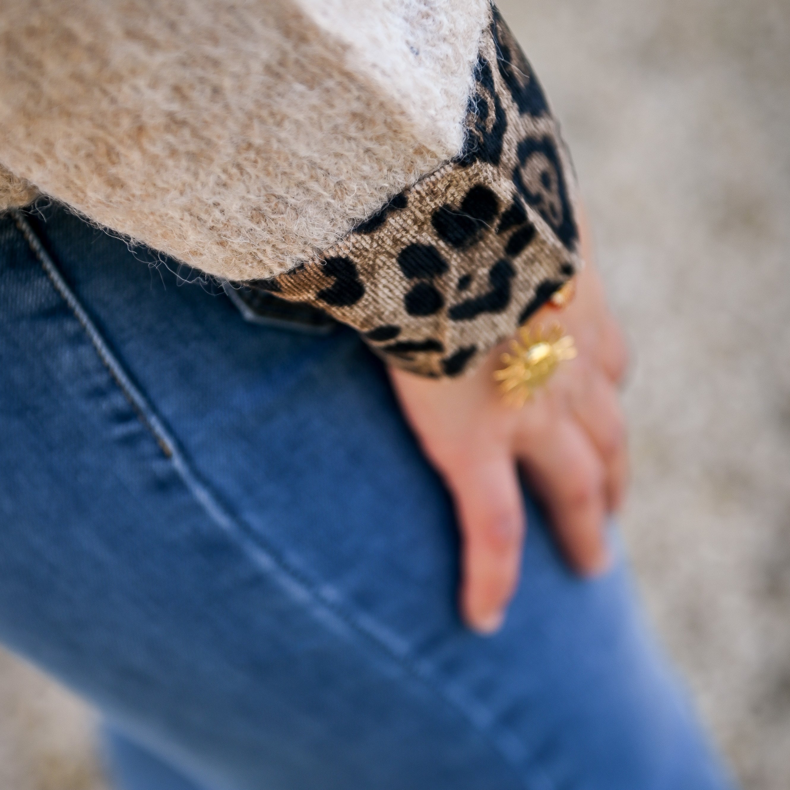 Pull taupe, avec poche devant léopard