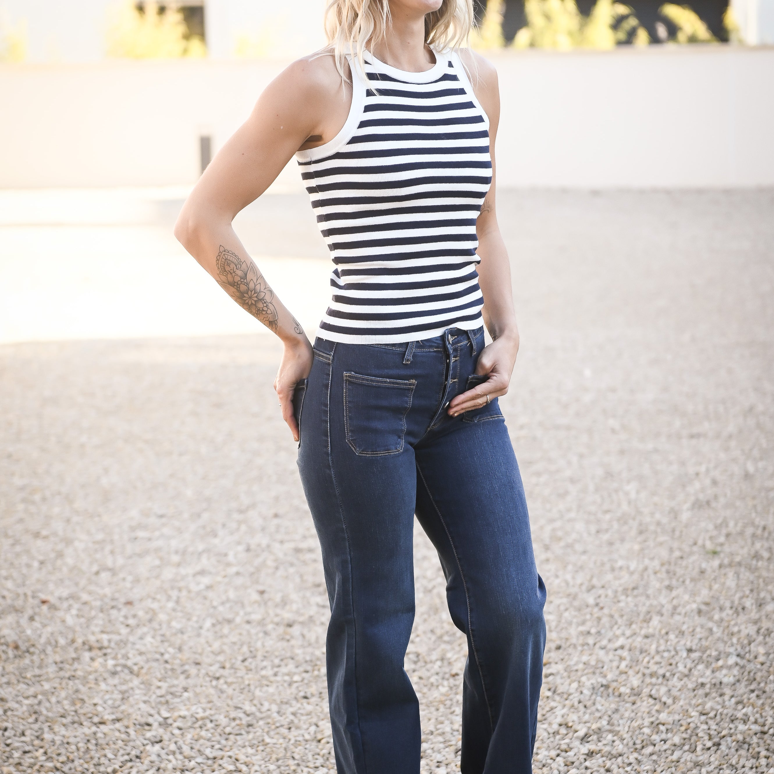 Débardeur marinière blanc rayé marine