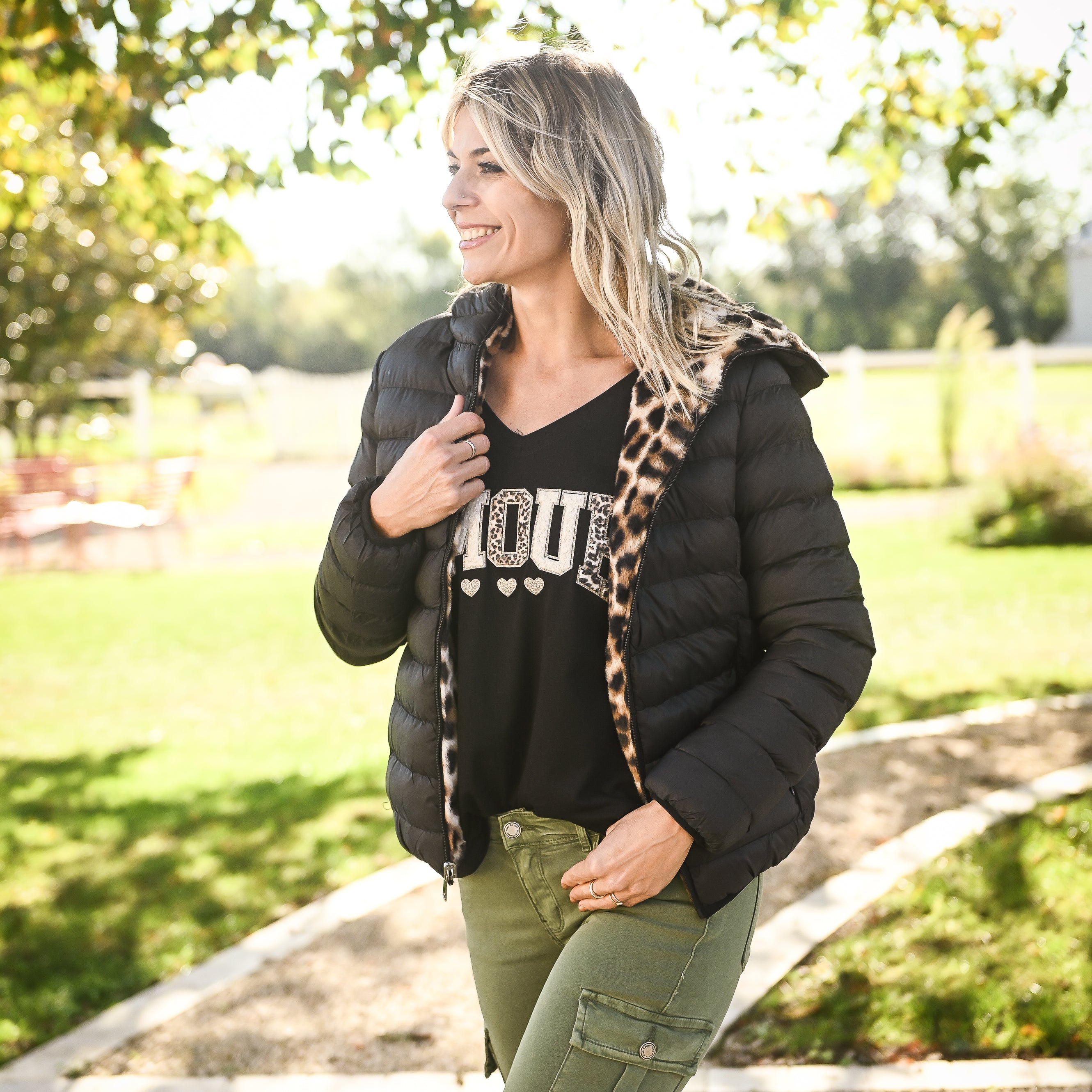 Doudoune réversible noir intérieur fourrure léopard