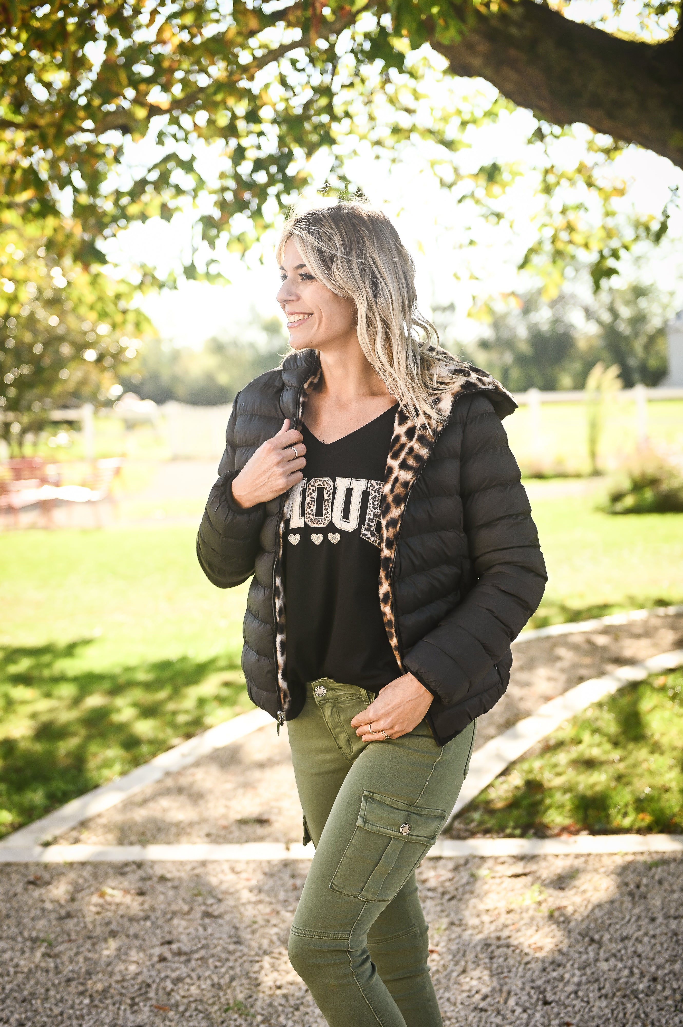 Doudoune réversible noir intérieur fourrure léopard