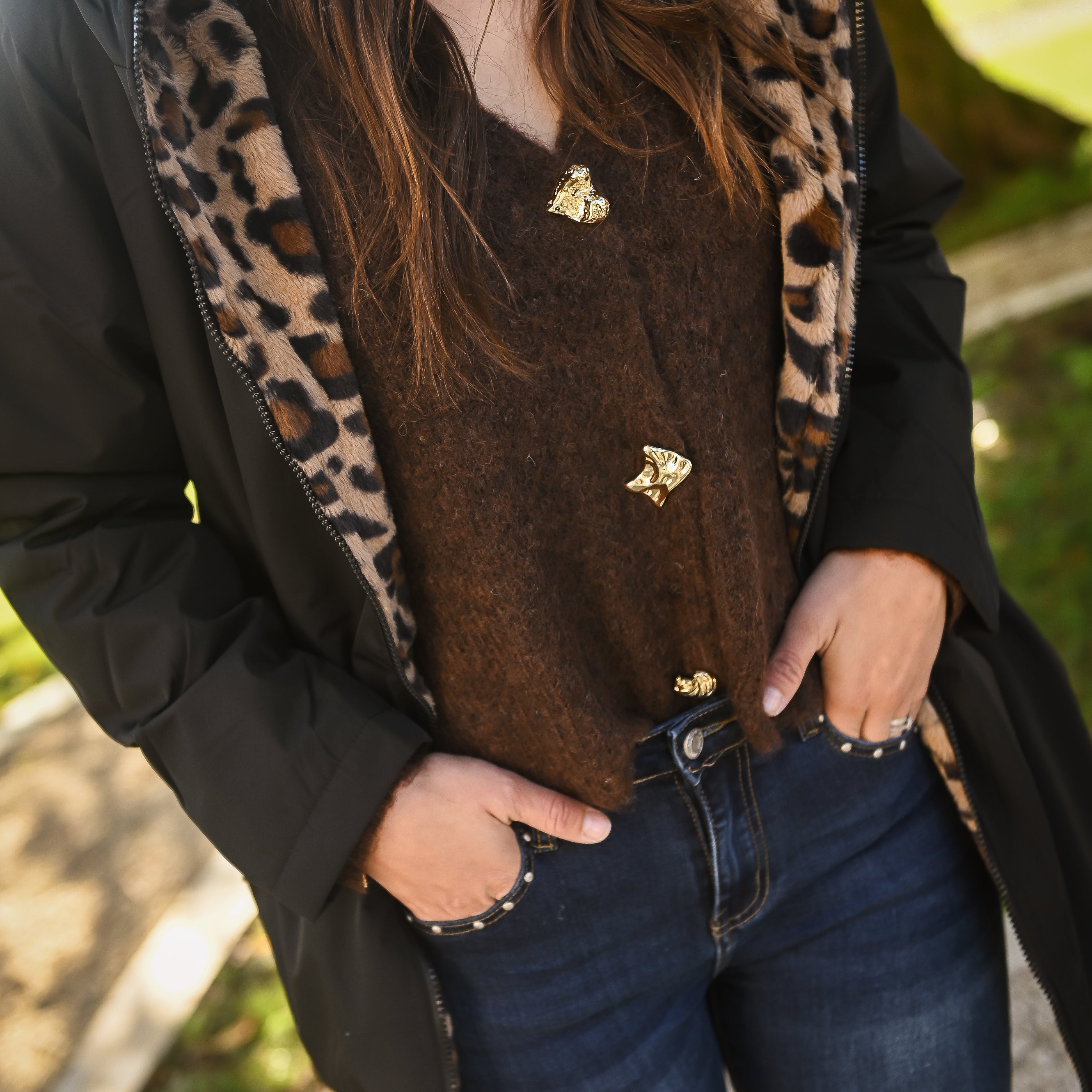 Parka noir mi longue avec fourrure léopard la boutique de lydie