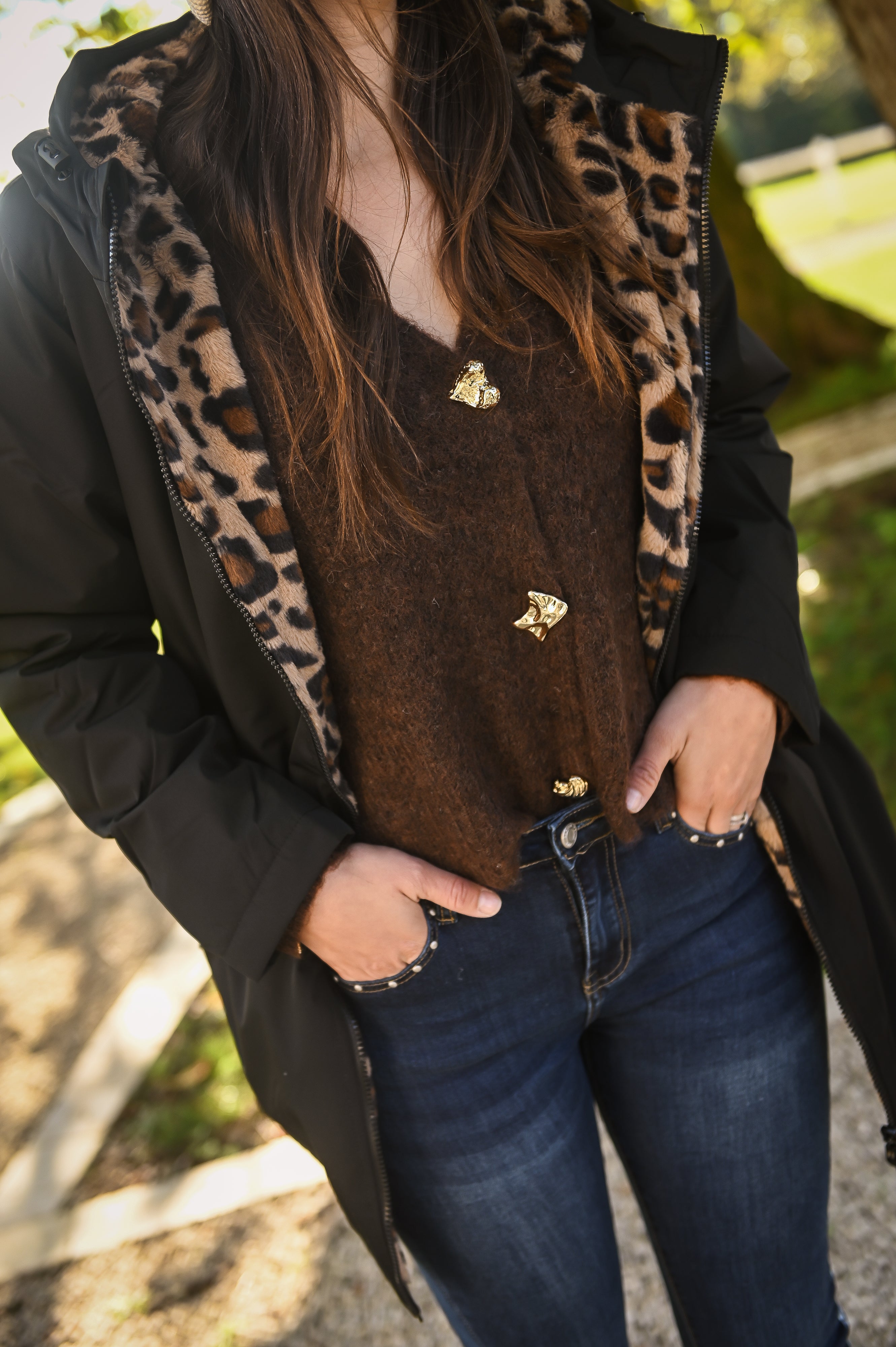 Parka noir mi longue avec fourrure léopard la boutique de lydie