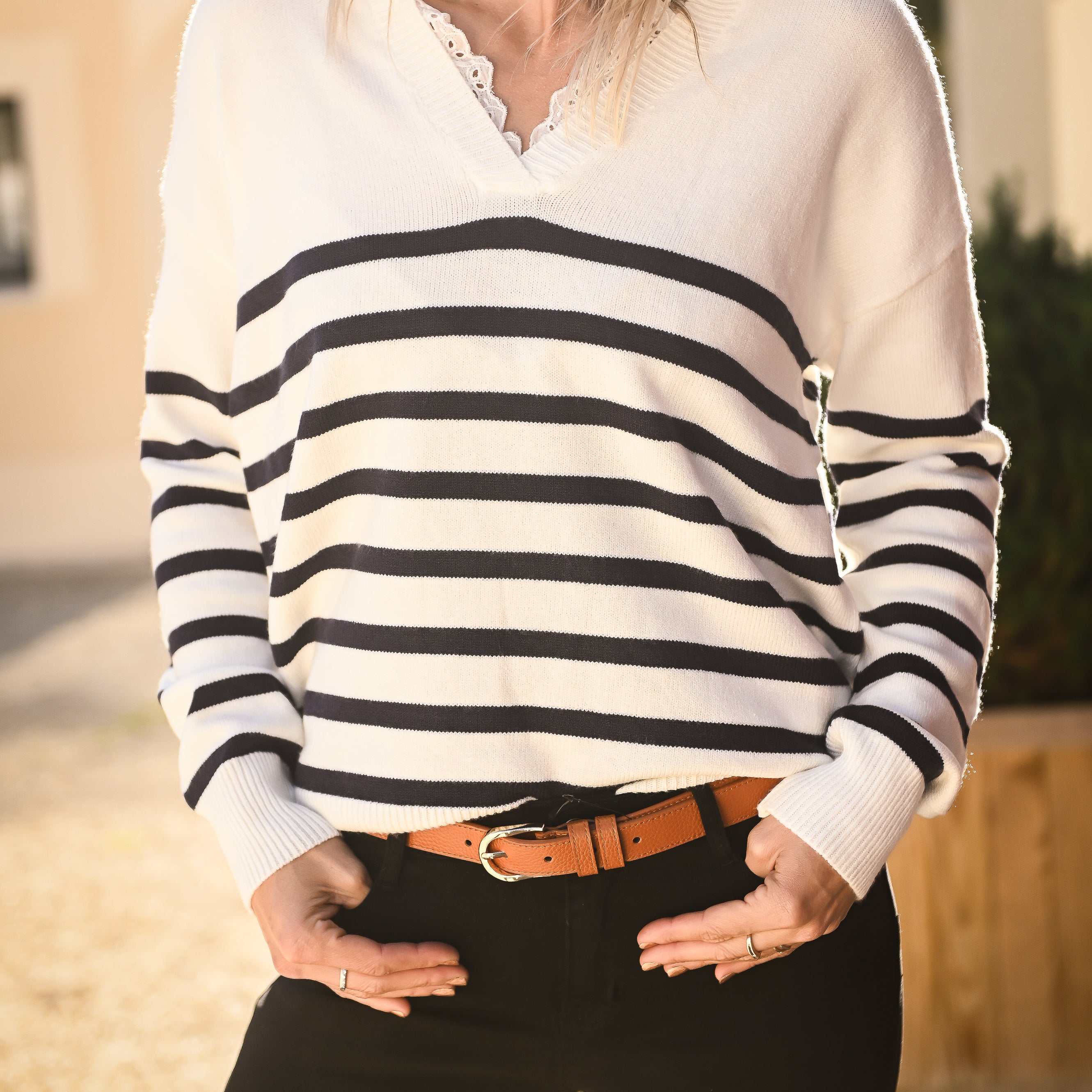 Pull Marinière Ecru rayé marine dentelle la boutique de lydie