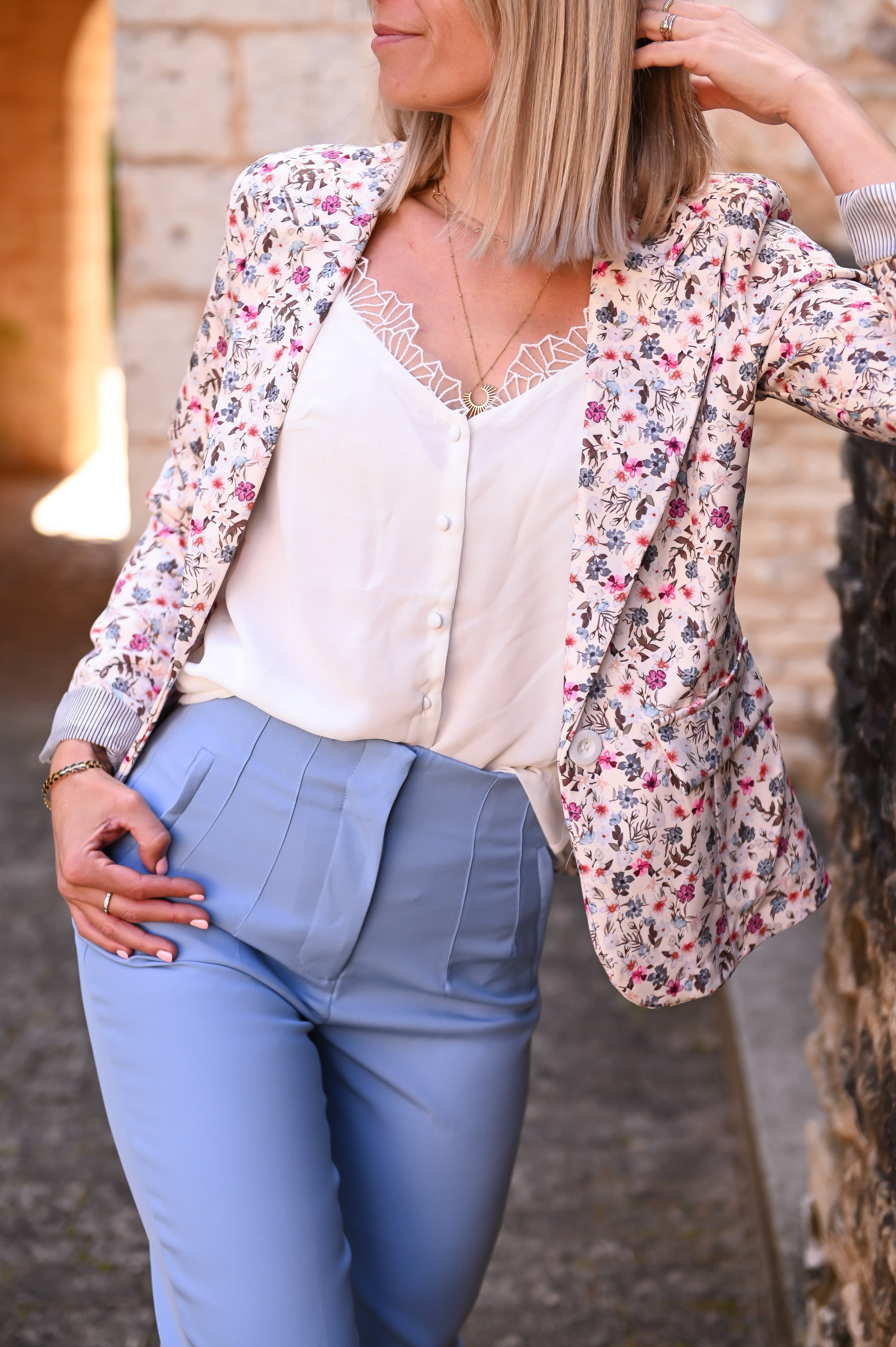 Blazer écru motif fleuri