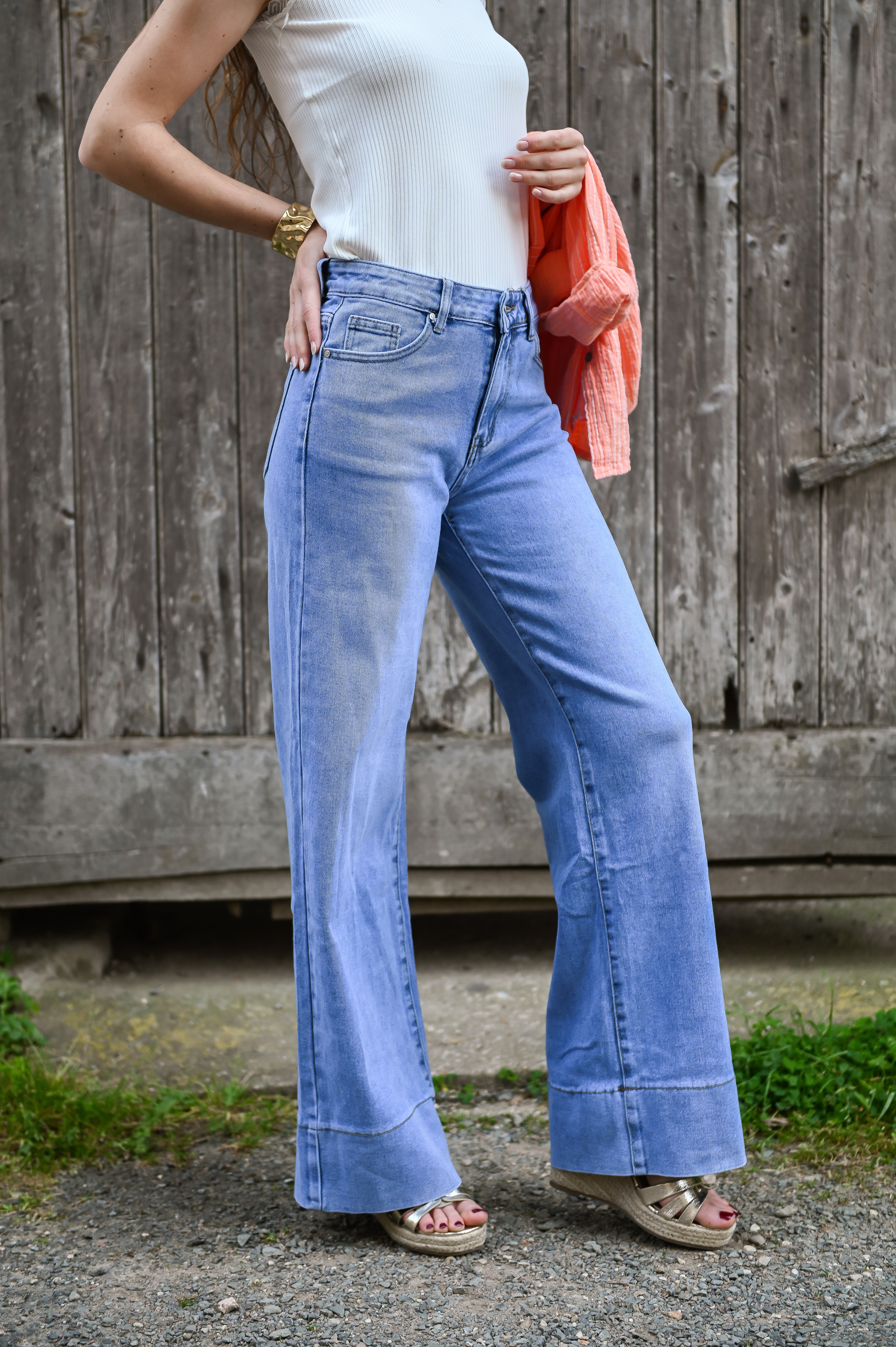 Jean Wide leg bleu clair femme revers
