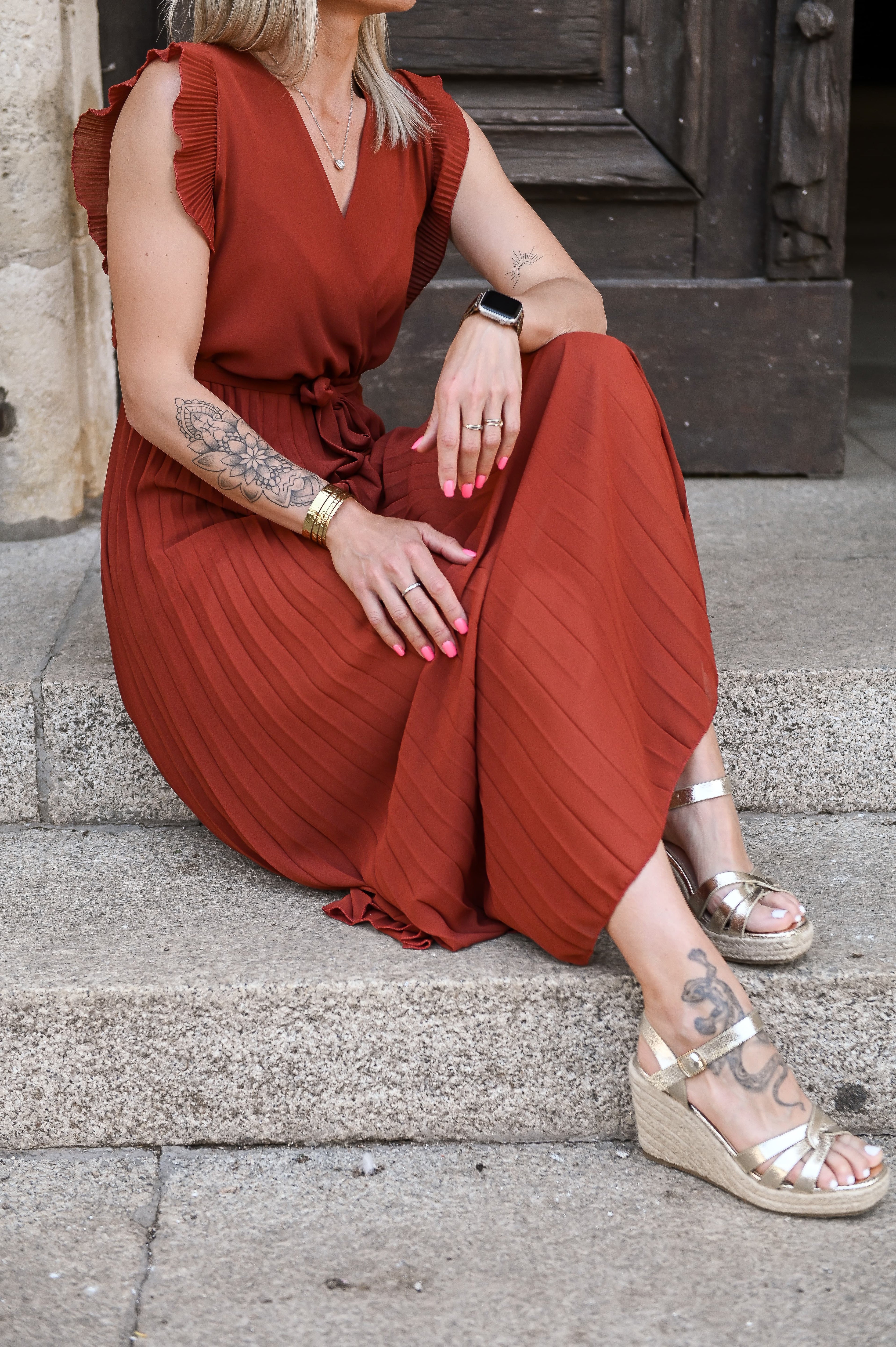 Robe longue plissée Terracotta