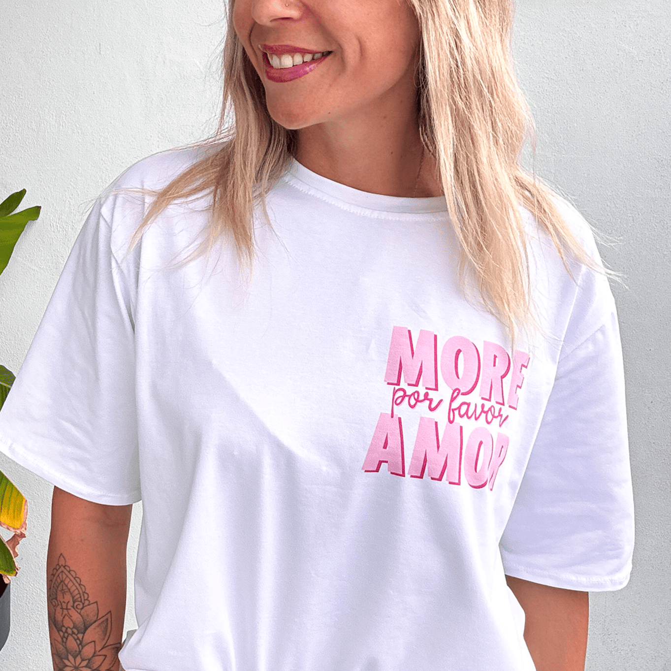 T-shirt blanc, col Rond, floqué More Amor Por favor la boutique de lydie
