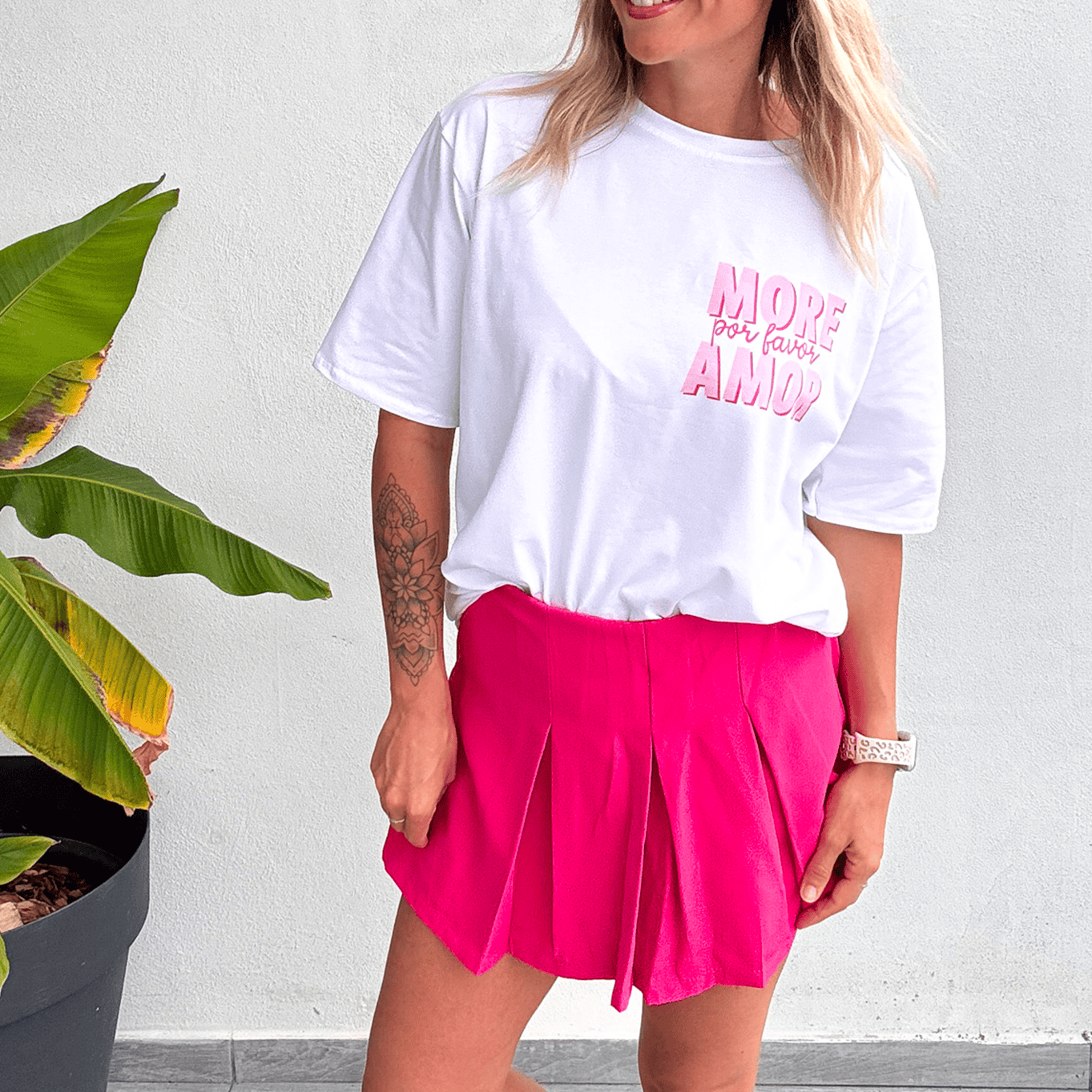 T-shirt blanc, col Rond, floqué More Amor Por favor