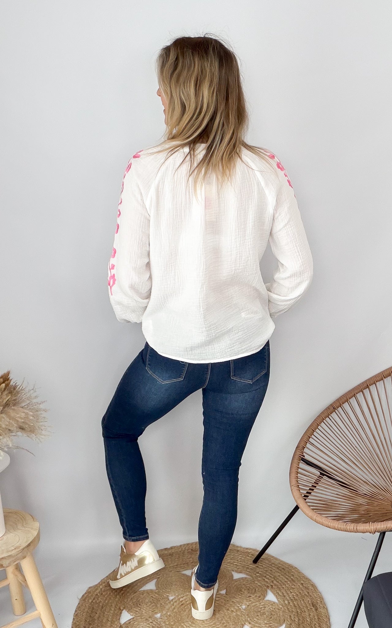 Blouse en Gaze de Coton Blanche – Broderie Rose