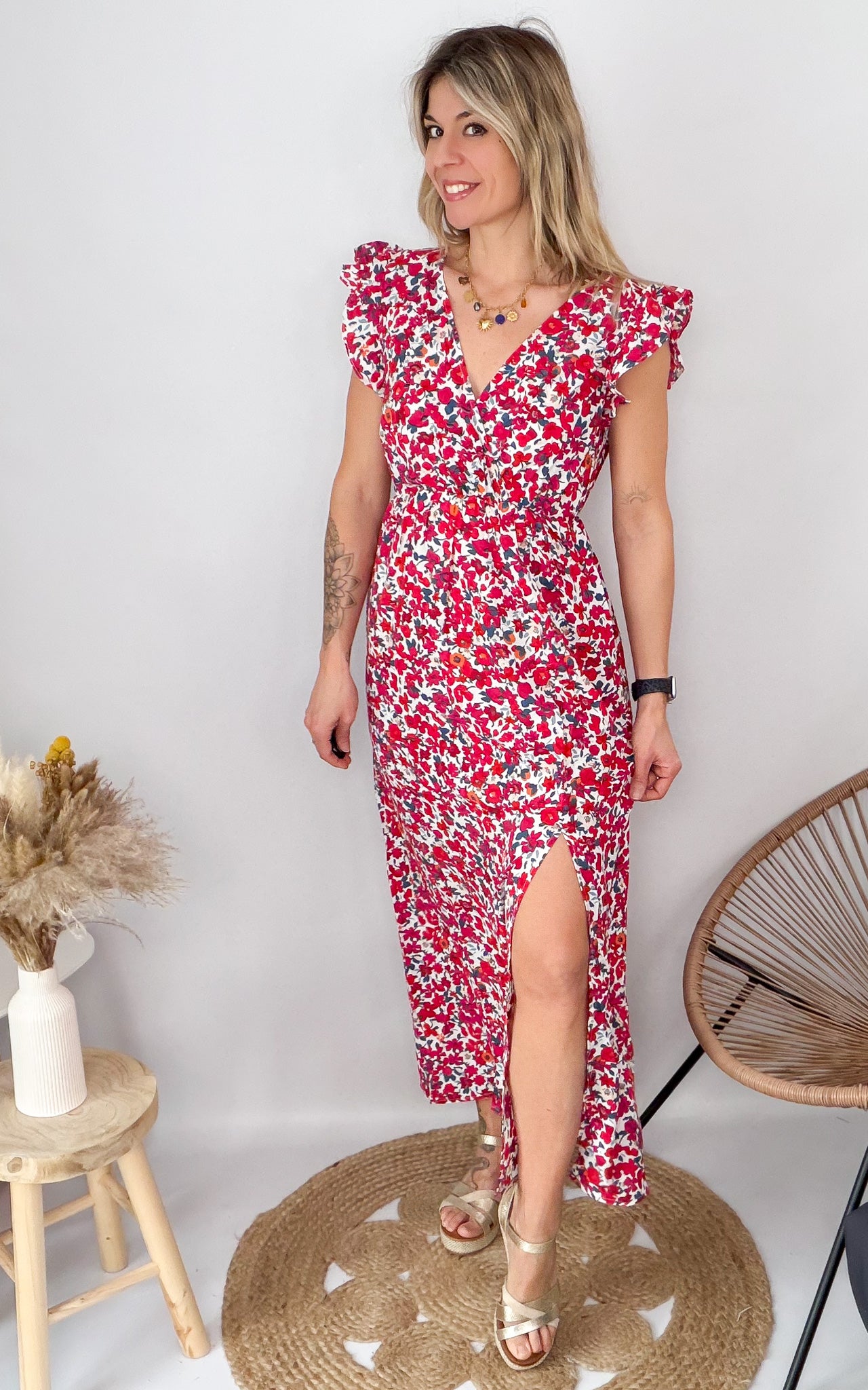 Robe longue fushia et rouge