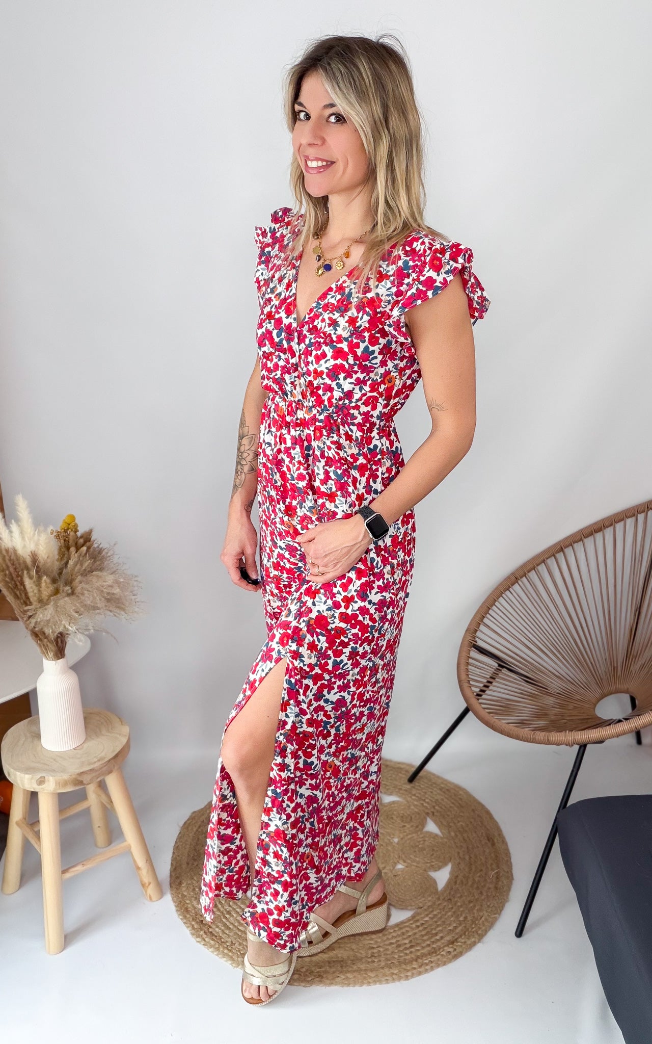 Robe longue fushia et rouge