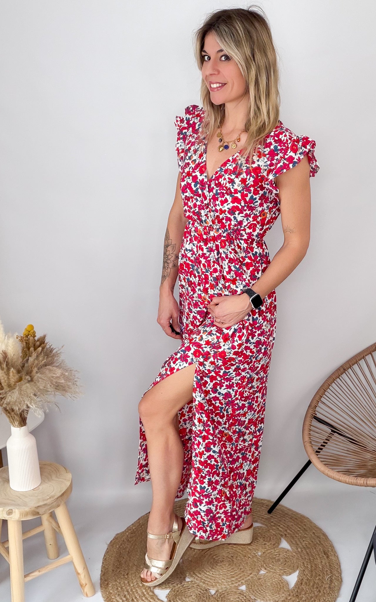 Robe longue fushia et rouge