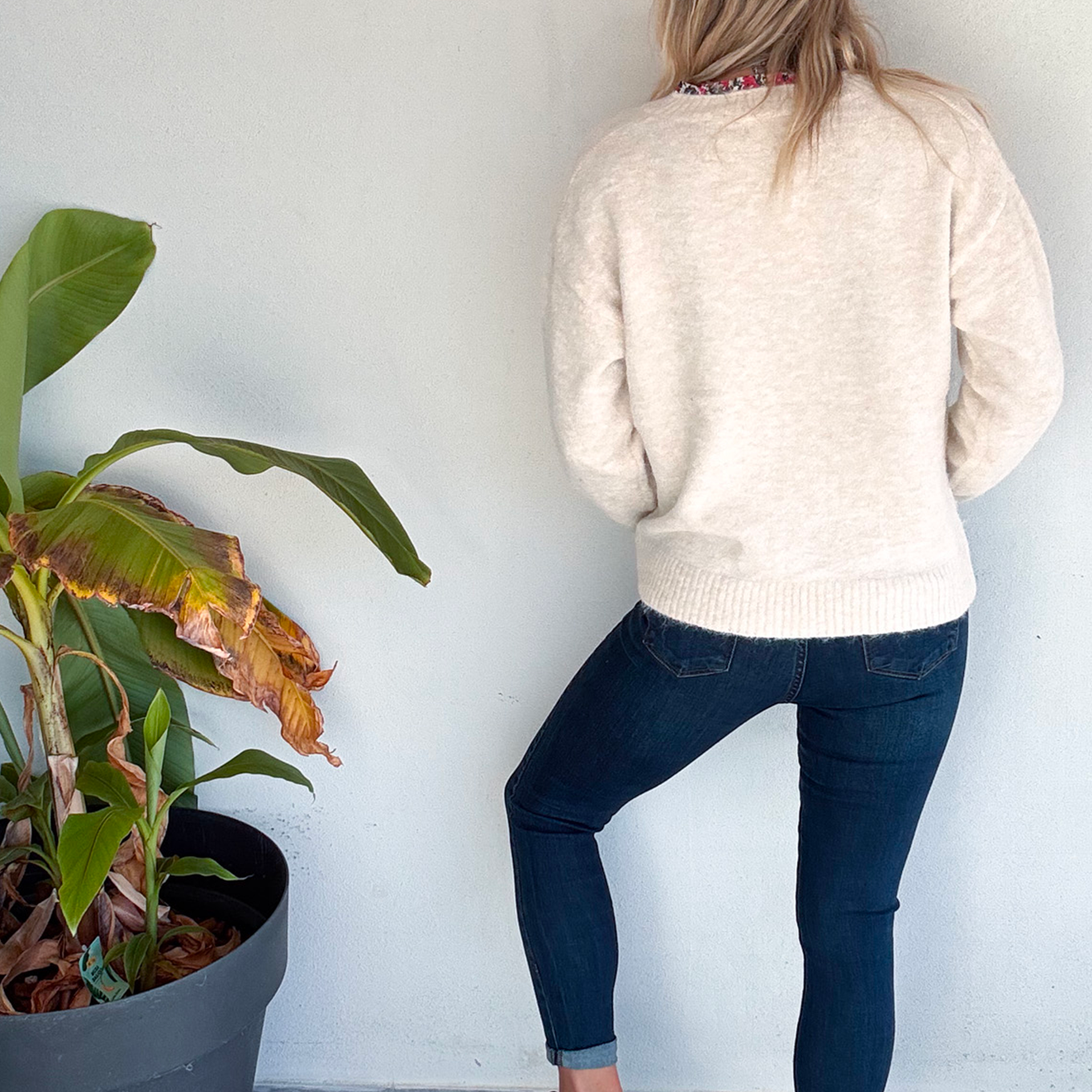 Pull beige clair col V fleuri