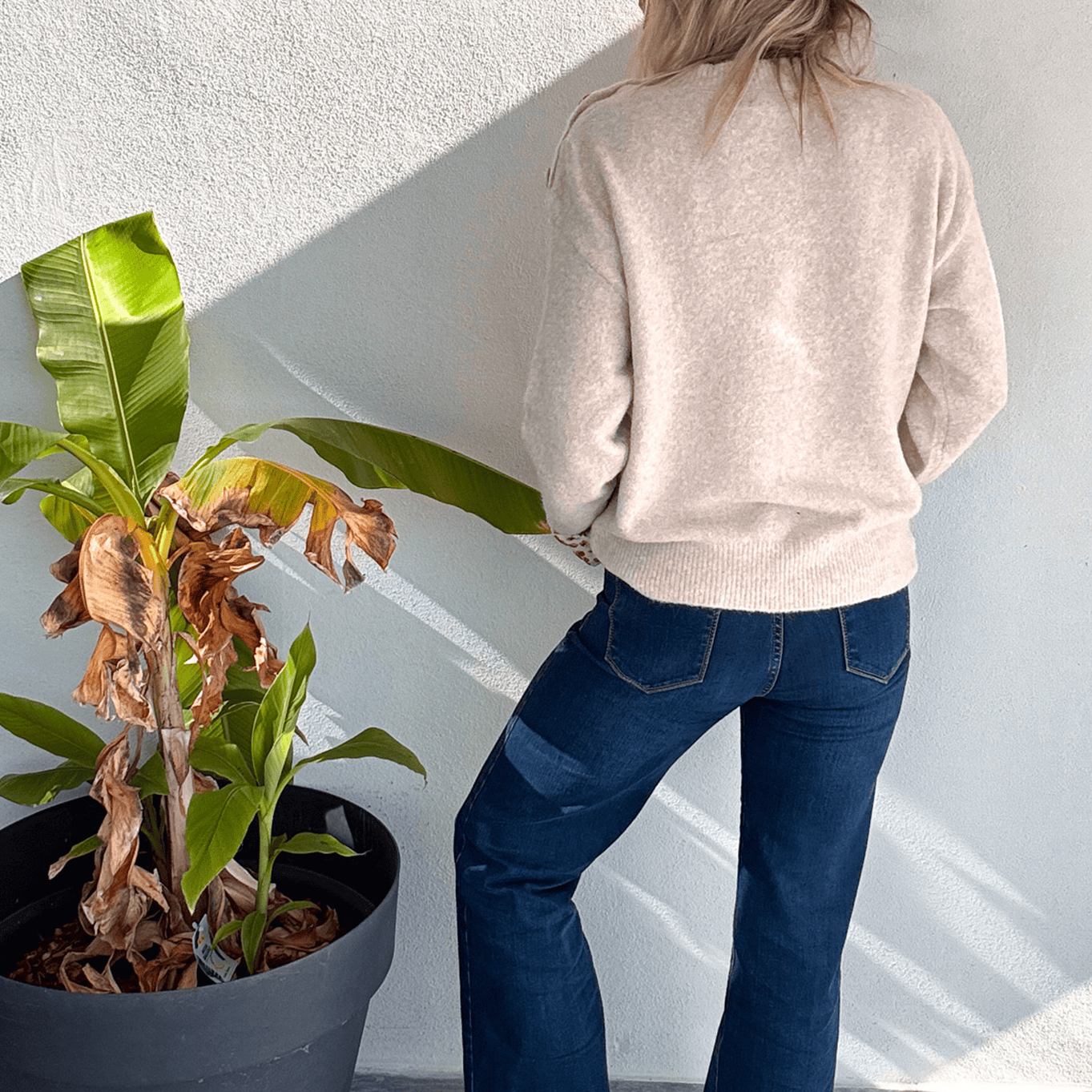 Pull beige clair poche fleuri