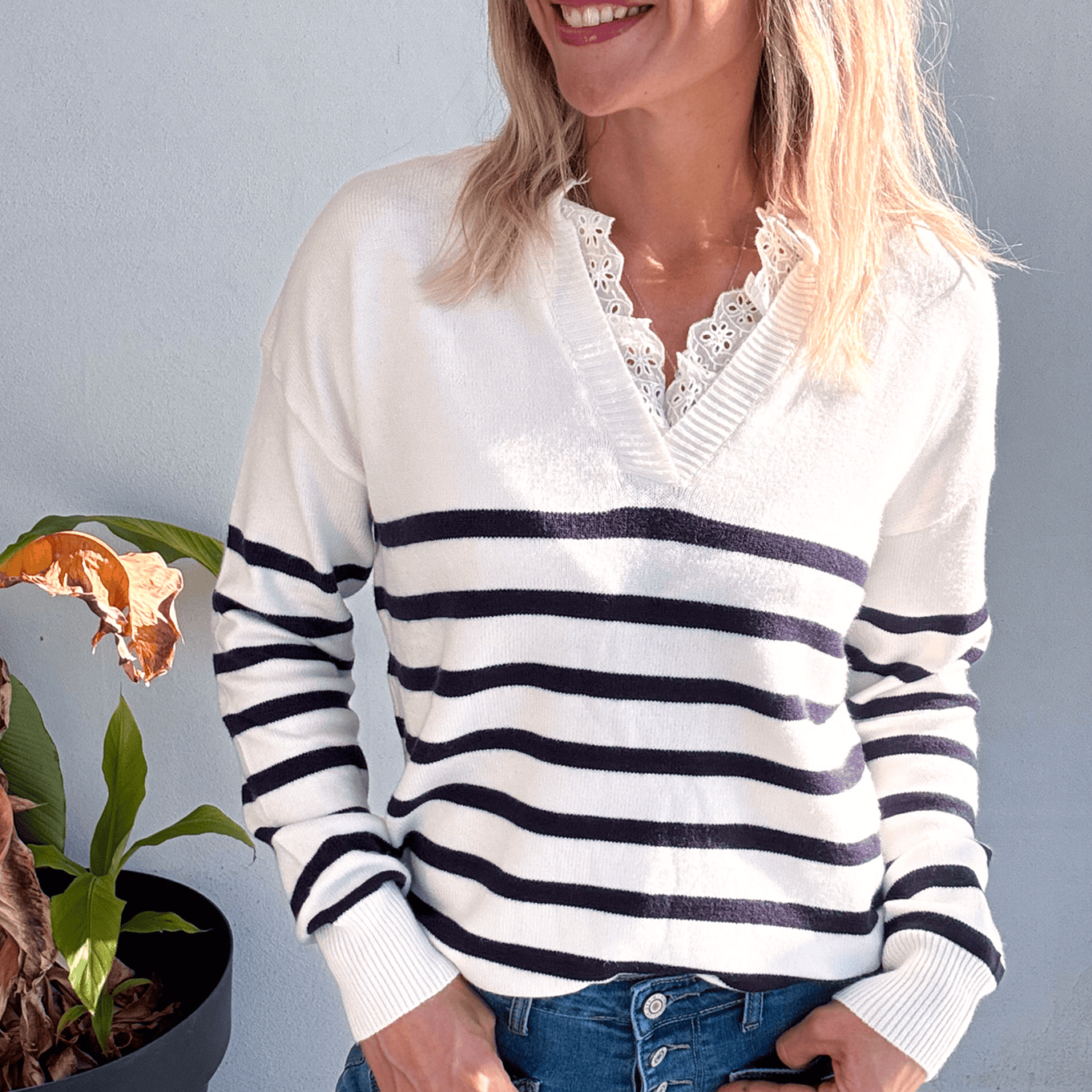 Pull Marinière Ecru rayé marine dentelle la boutique de lydie